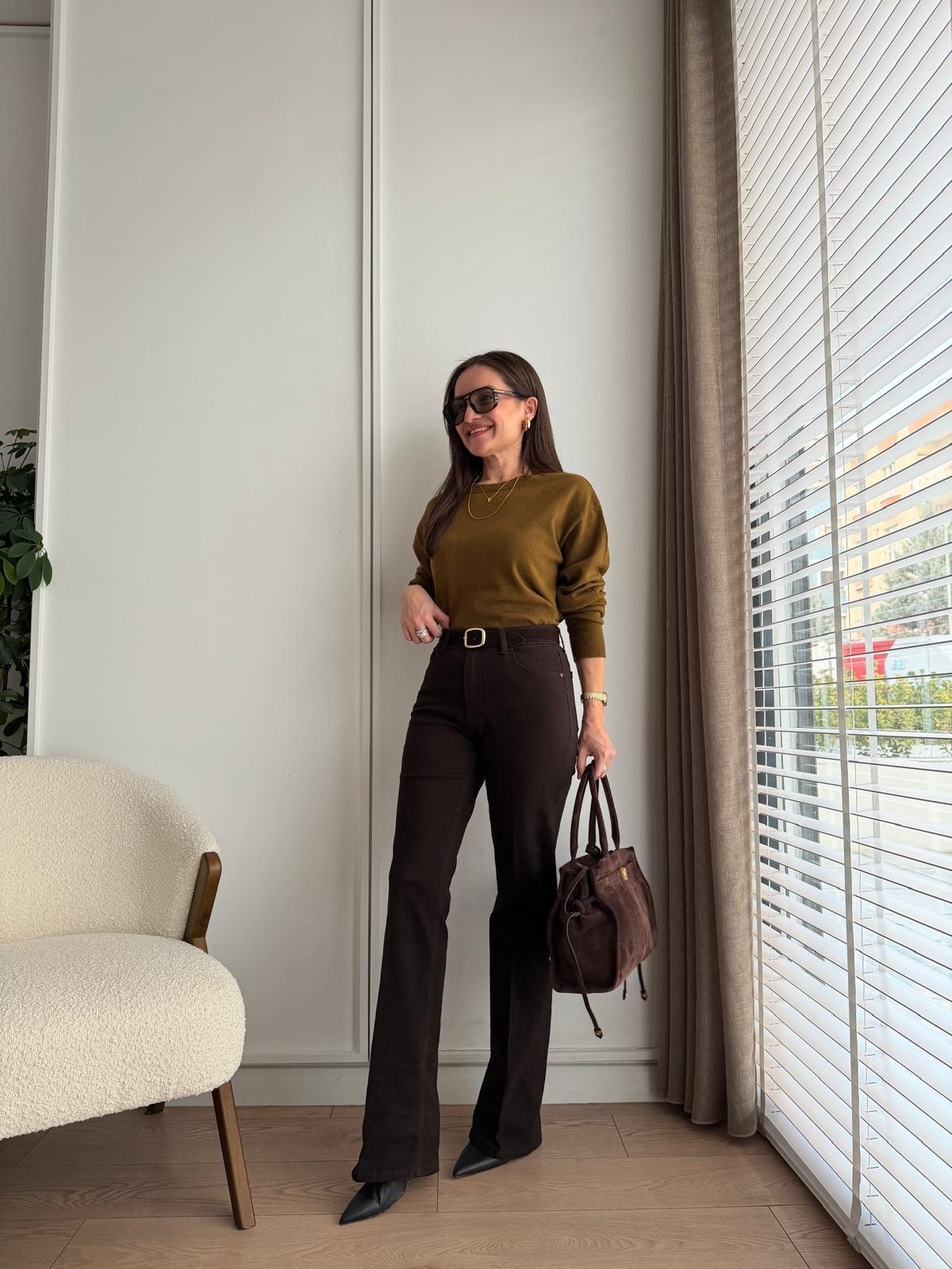 Kahve rengi Yüksek Bel Kemerli Wide Lige Jean 511