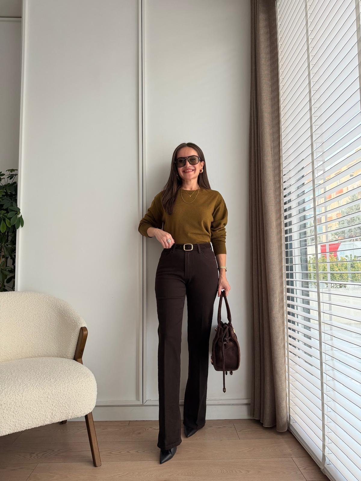Kahve rengi Yüksek Bel Kemerli Wide Lige Jean 511