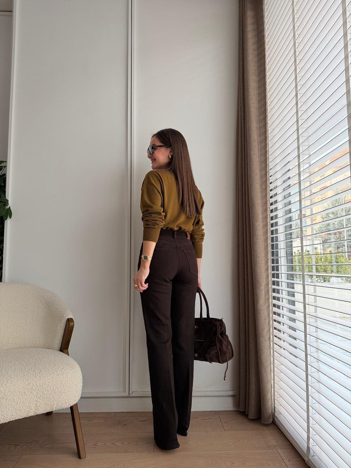 Kahve rengi Yüksek Bel Kemerli Wide Lige Jean 511