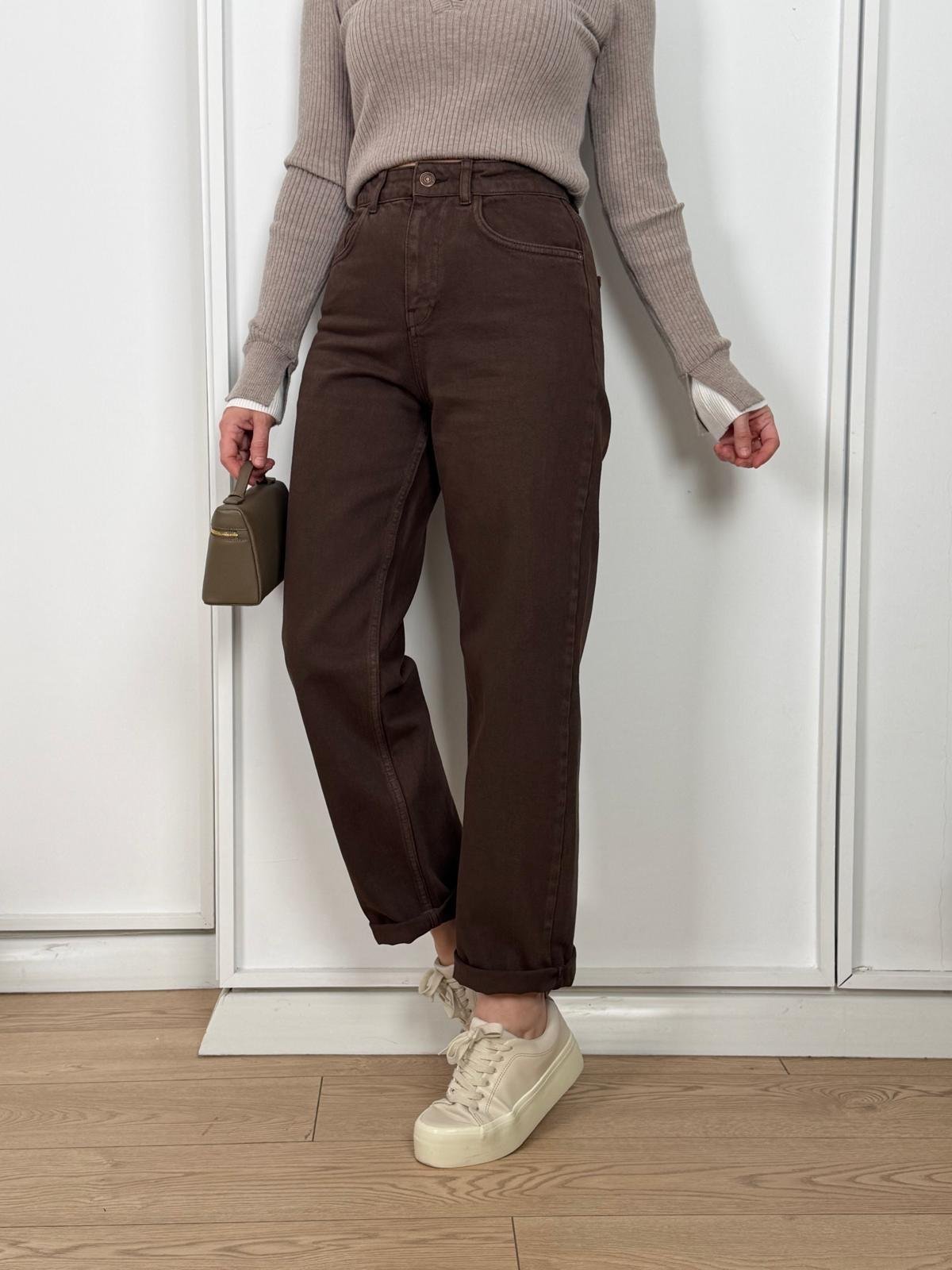 Kahve rengi Yüksek Bel Mom Fit Pantolon 25796