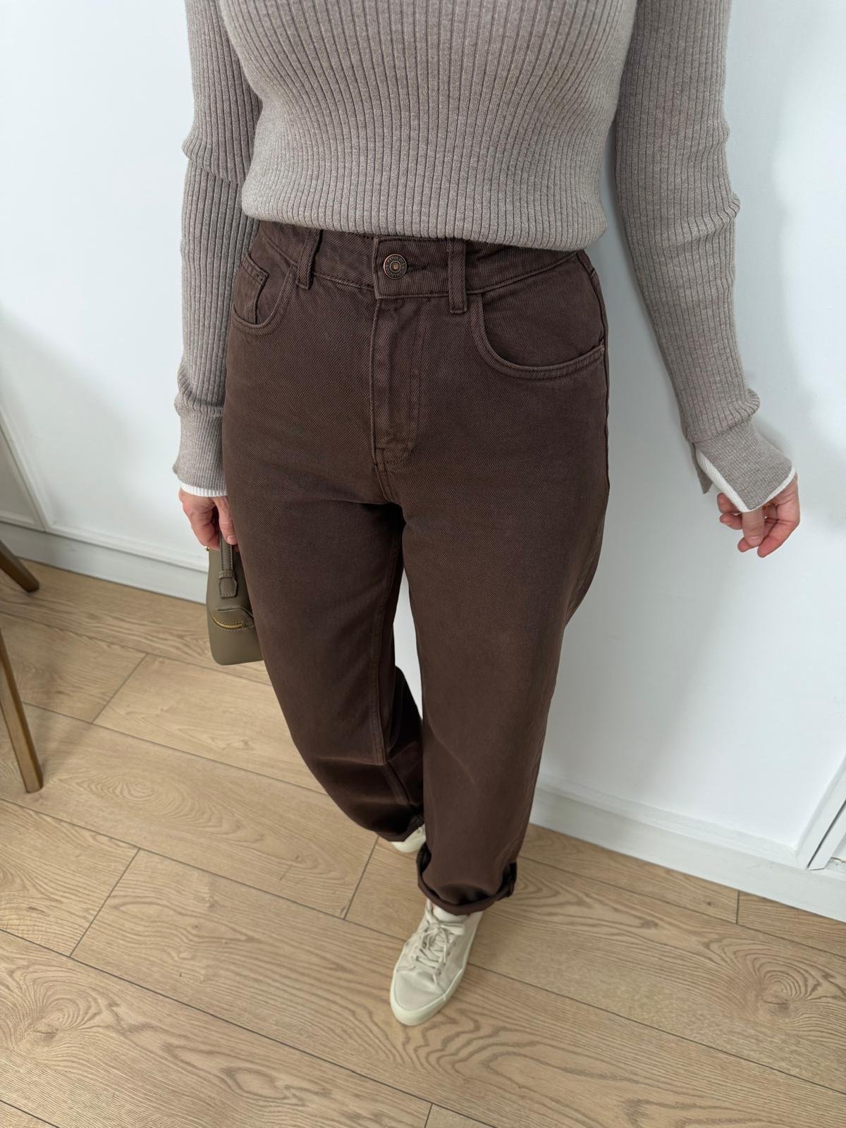 Kahve rengi Yüksek Bel Mom Fit Pantolon 25796
