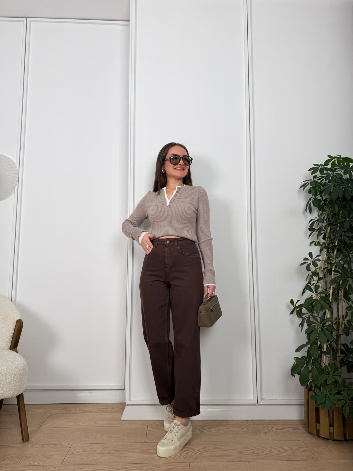 Kahve rengi Yüksek Bel Mom Fit Pantolon 25796