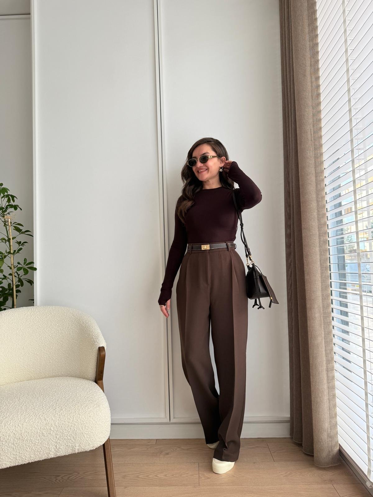 Kahve rengi Yüksek Bel Palazzo Pantolon 3718