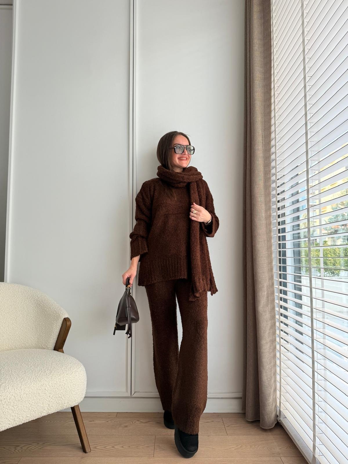 Kahve rengi Yumoş Triko Üçlü Takım 5083