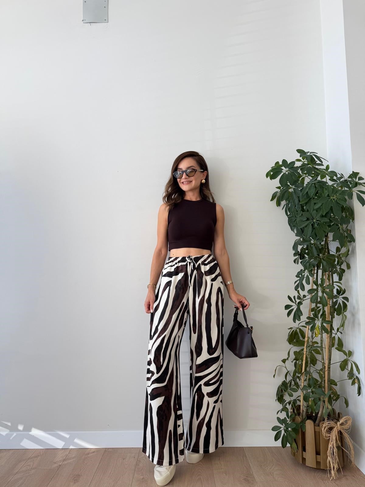 Kahve rengi Zebra Desen Saten Pantolon 9177