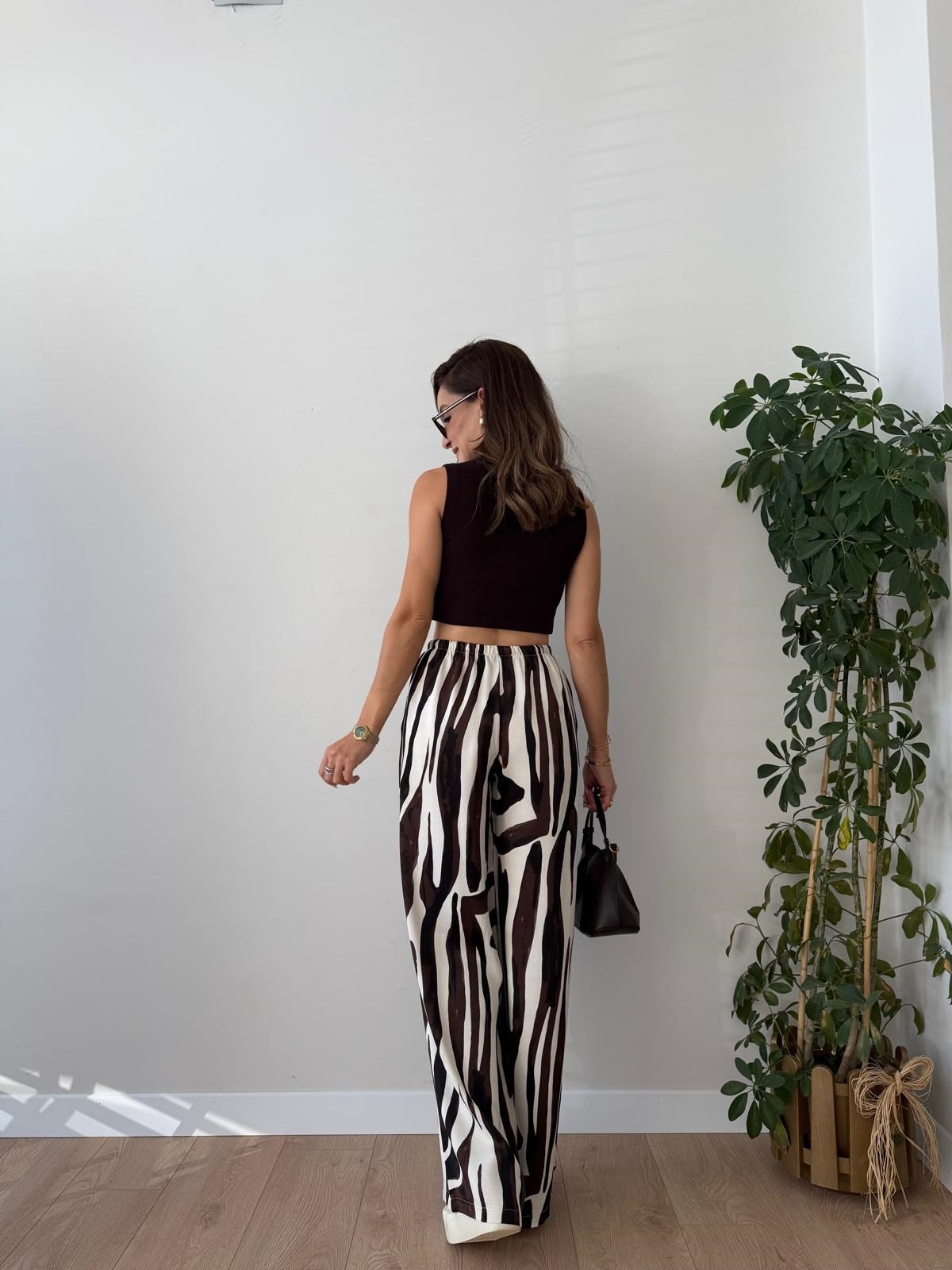 Kahve rengi Zebra Desen Saten Pantolon 9177
