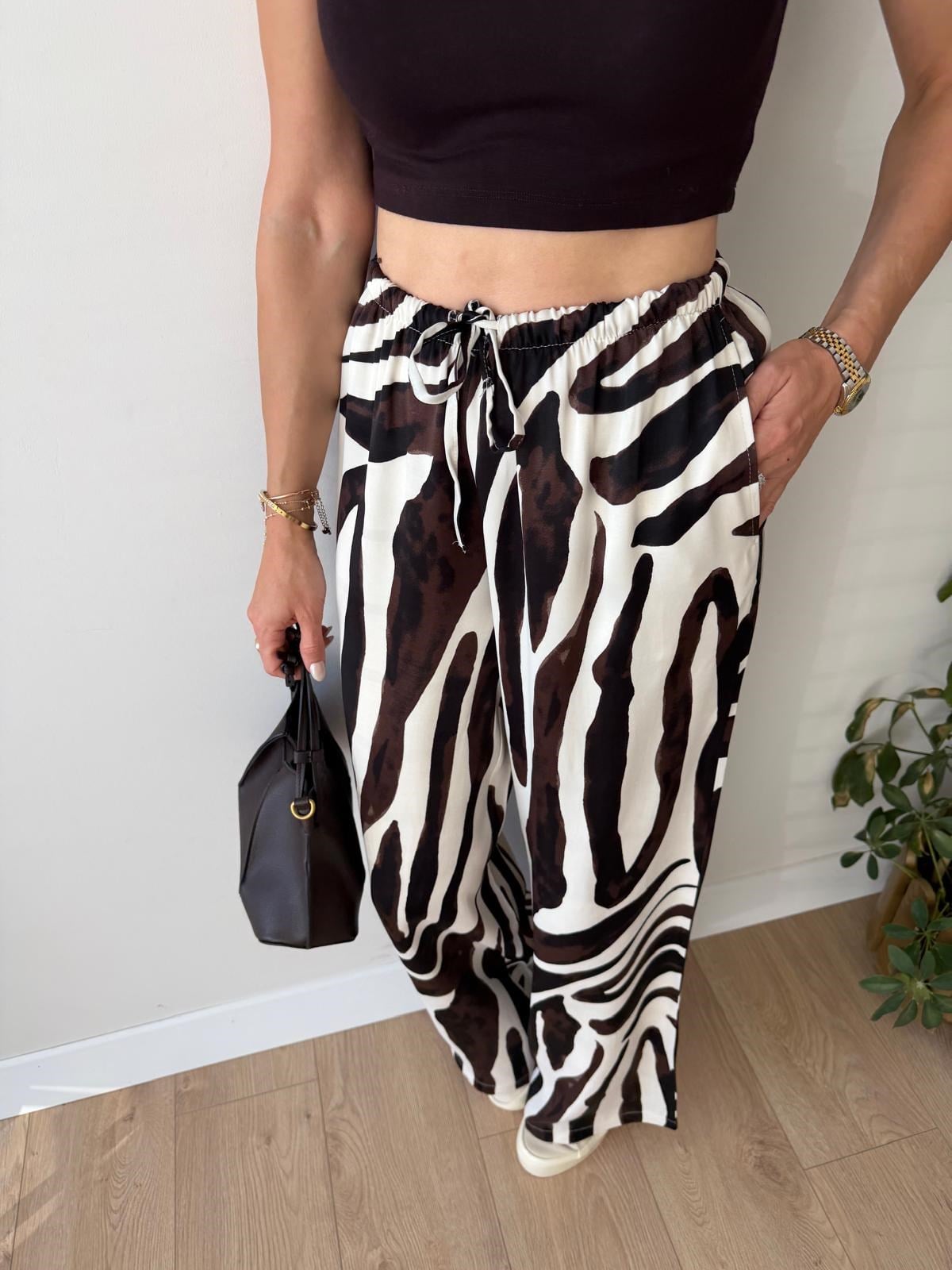 Kahve rengi Zebra Desen Saten Pantolon 9177
