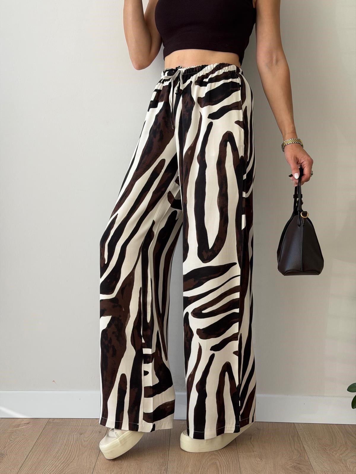 Kahve rengi Zebra Desen Saten Pantolon 9177