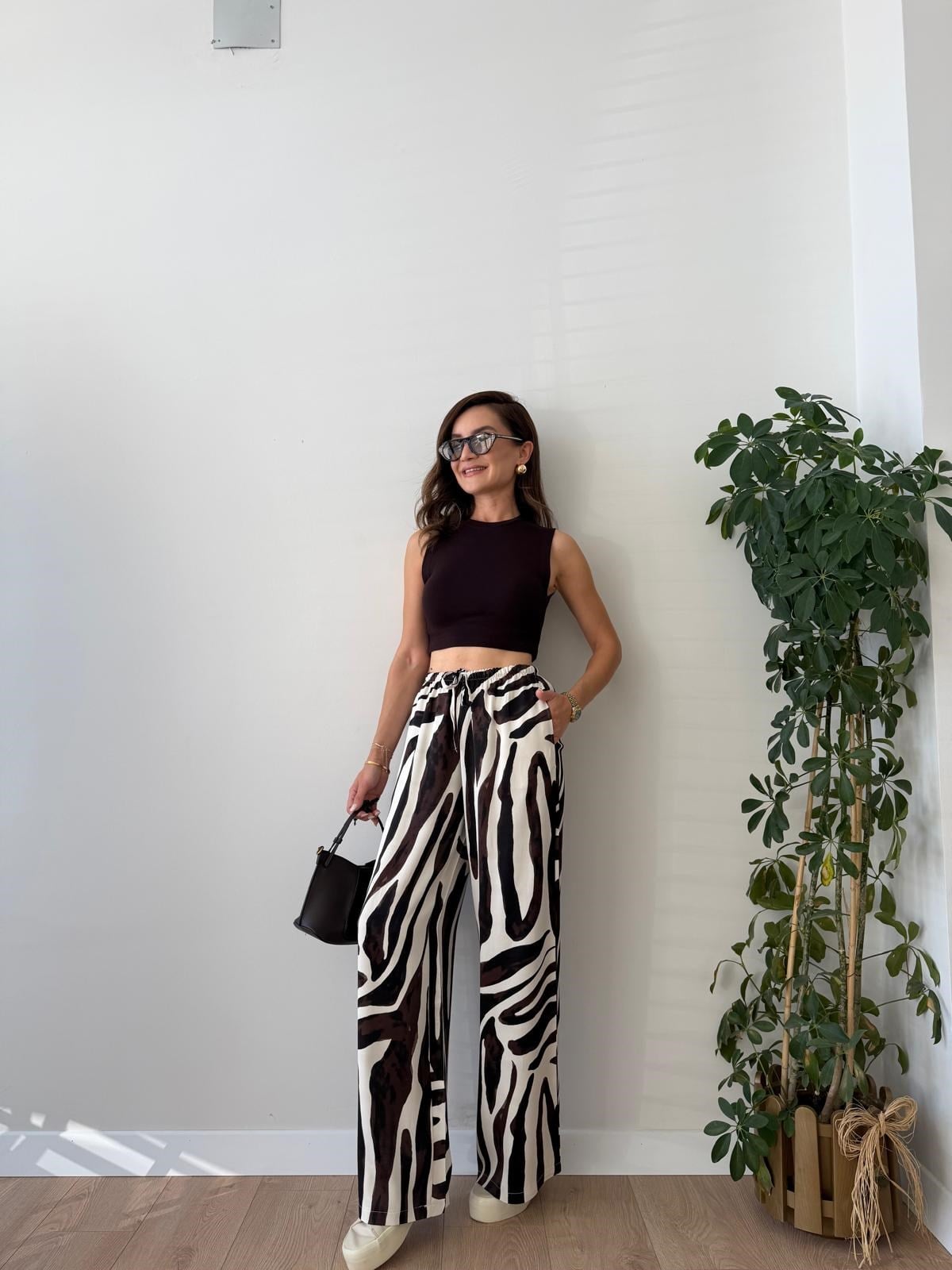 Kahve rengi Zebra Desen Saten Pantolon 9177