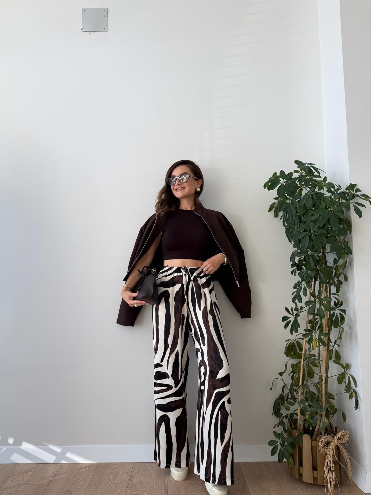 Kahve rengi Zebra Desen Saten Pantolon 9177