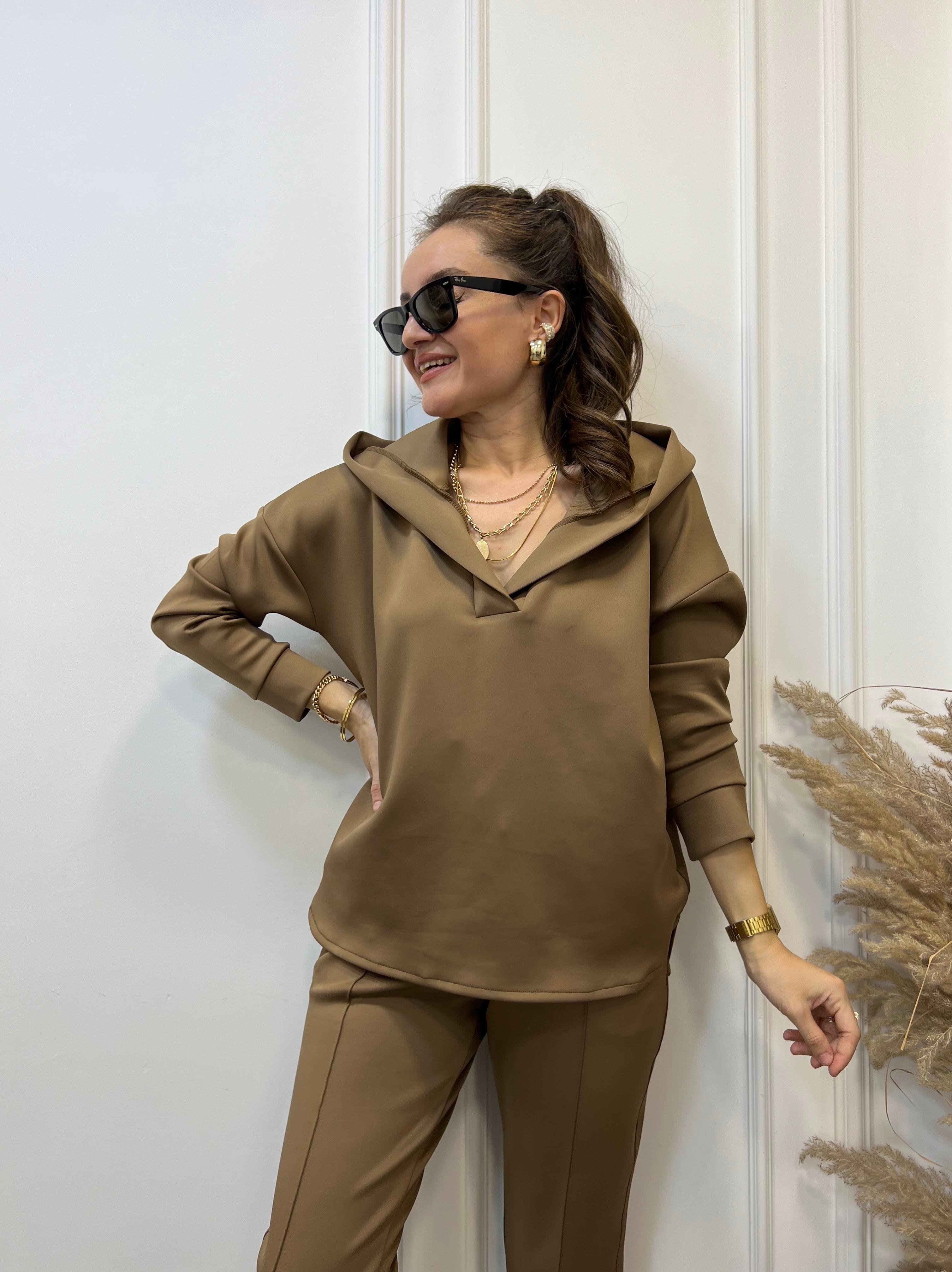 Kahve Scuba Kumaş Kapüşonlu Sweatshirt 1001