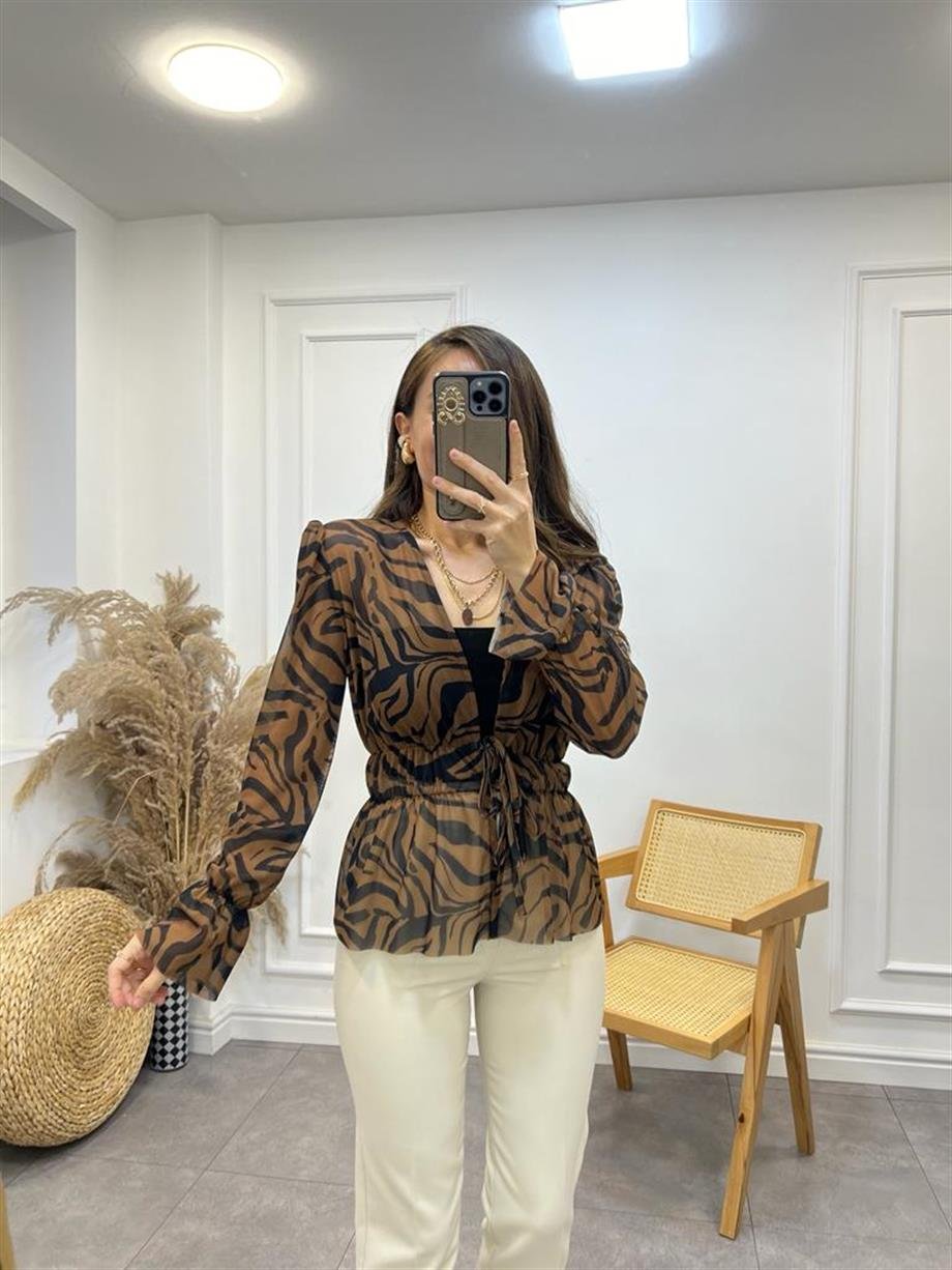 Kahve Siyah Zebra Desenli Önden Bağlamalı Bluz 28112