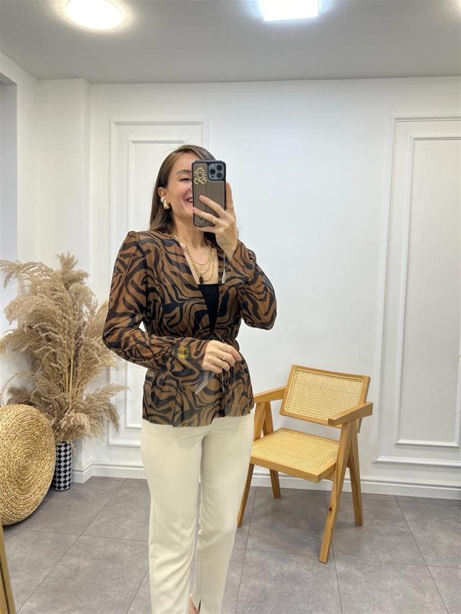 Kahve Siyah Zebra Desenli Önden Bağlamalı Bluz 28112