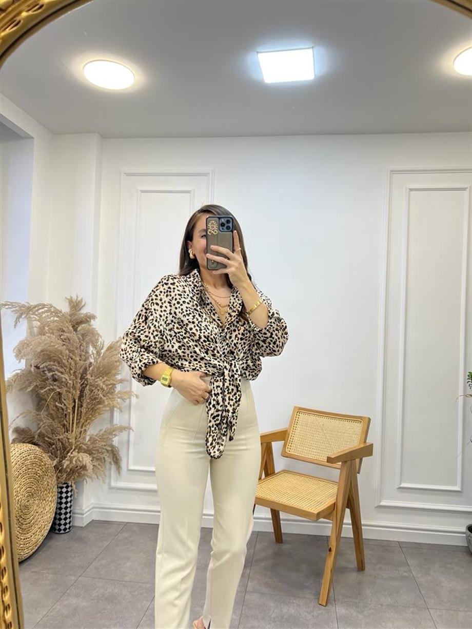 Kahve Tek Cepli Leopar Desen Gömlek 28041