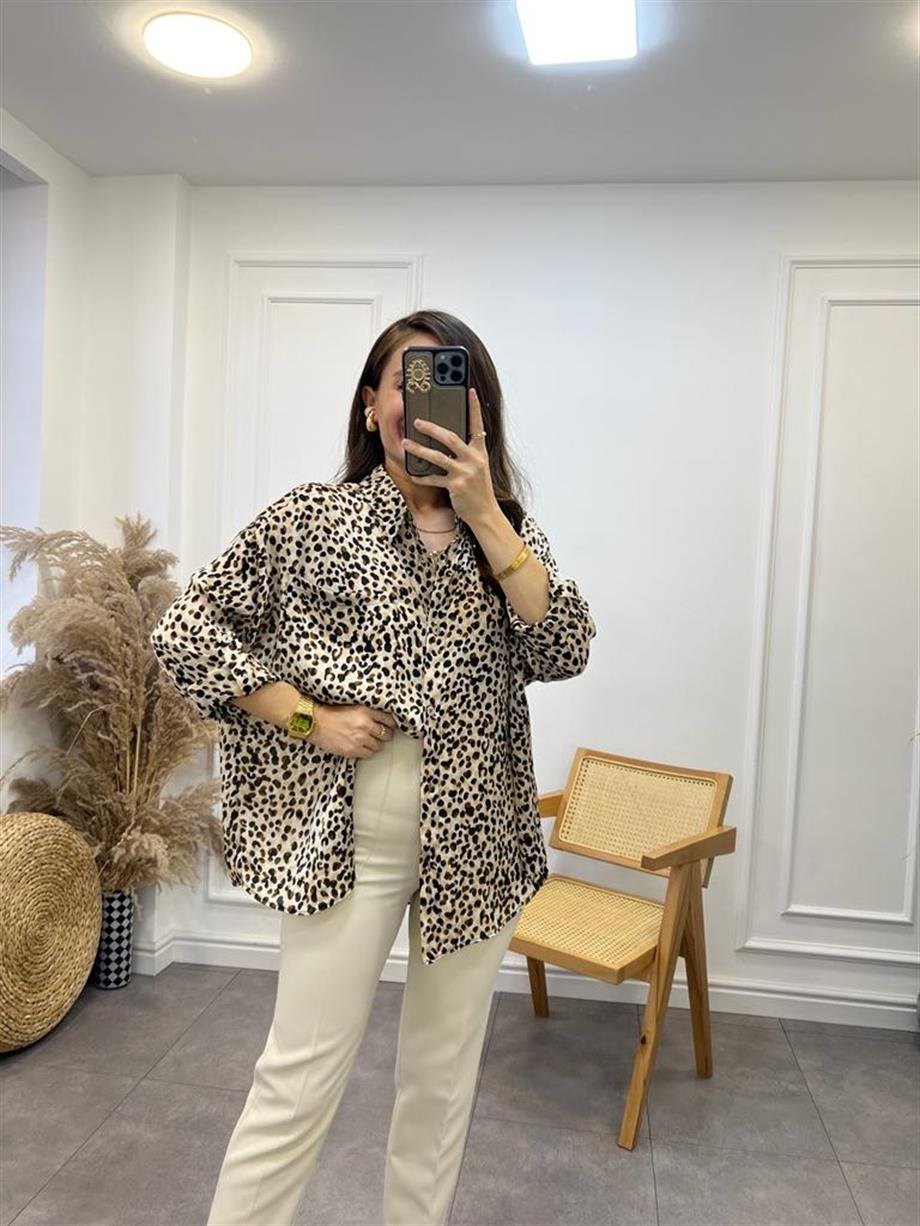 Kahve Tek Cepli Leopar Desen Gömlek 28041