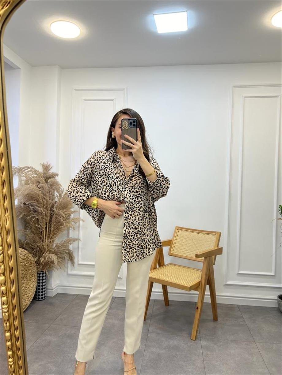 Kahve Tek Cepli Leopar Desen Gömlek 28041