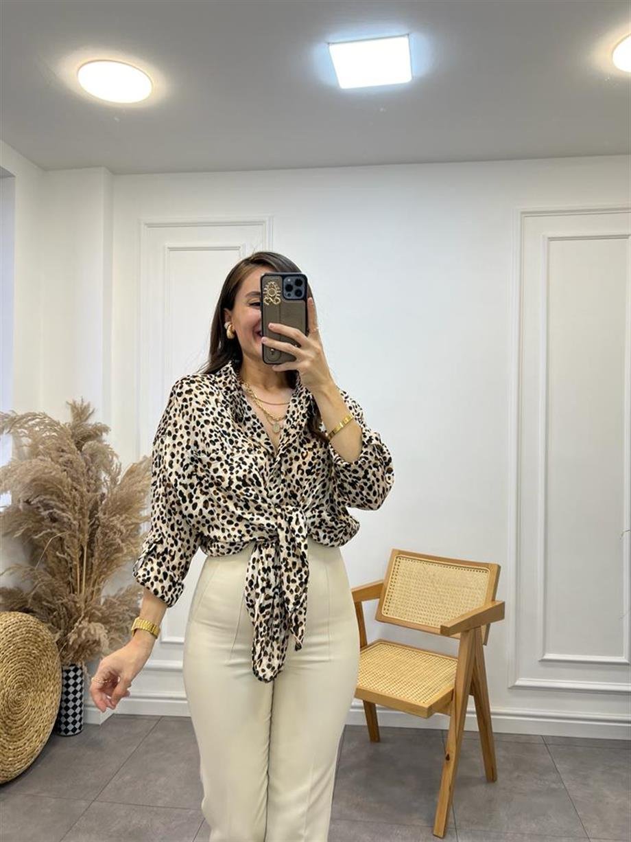 Kahve Tek Cepli Leopar Desen Gömlek 28041