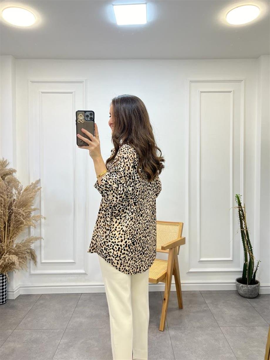 Kahve Tek Cepli Leopar Desen Gömlek 28041