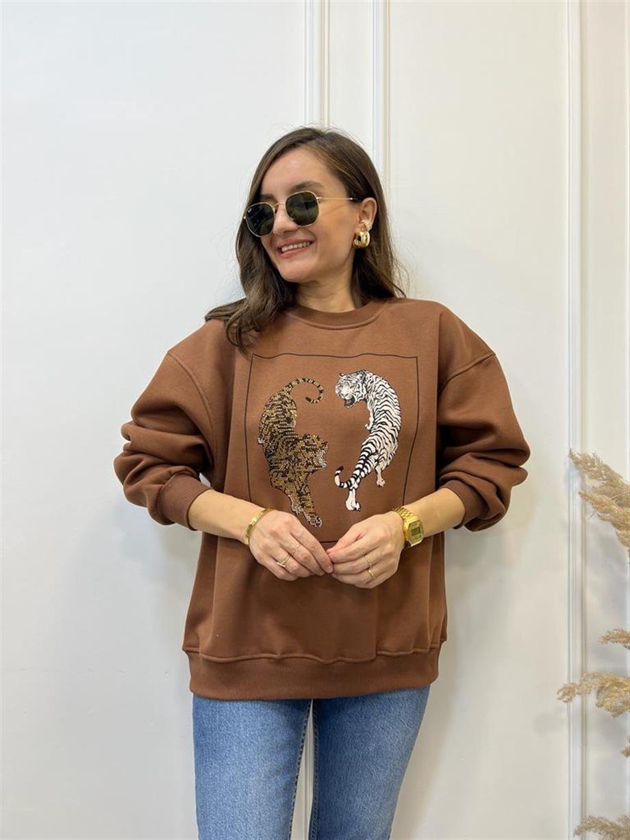 Kahverengi Kaplan Baskılı Bisiklet Yaka Sweatshirt 5110