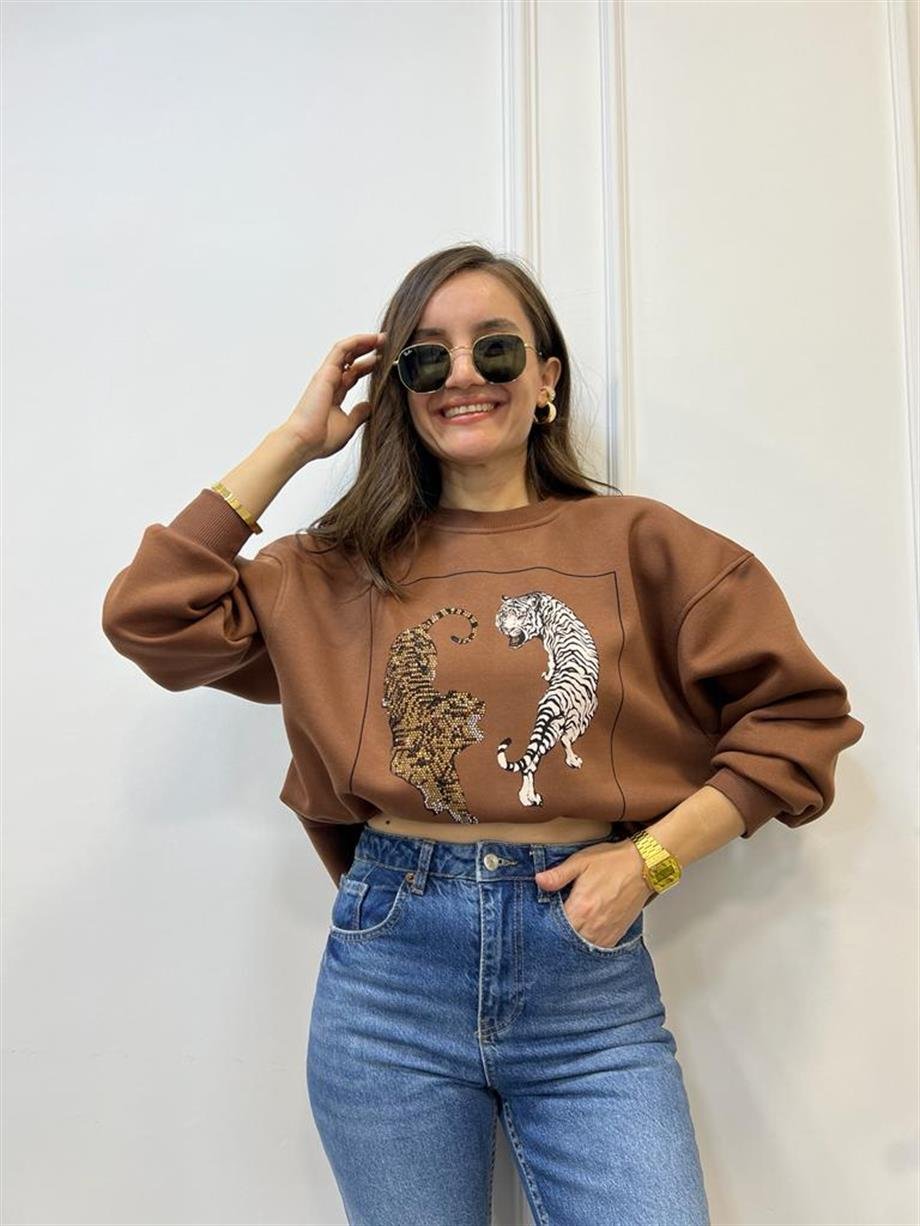 Kahverengi Kaplan Baskılı Bisiklet Yaka Sweatshirt 5110