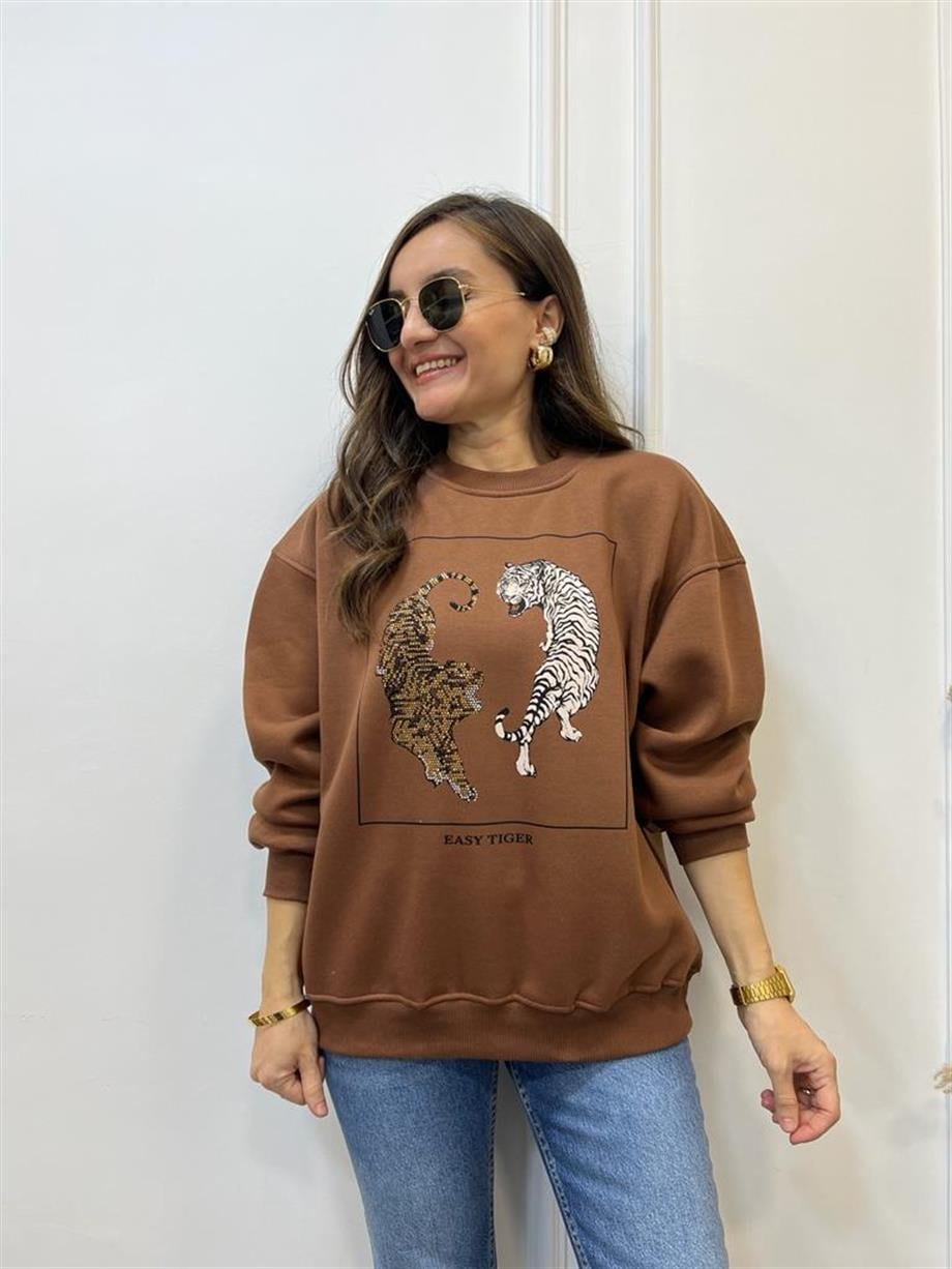 Kahverengi Kaplan Baskılı Bisiklet Yaka Sweatshirt 5110