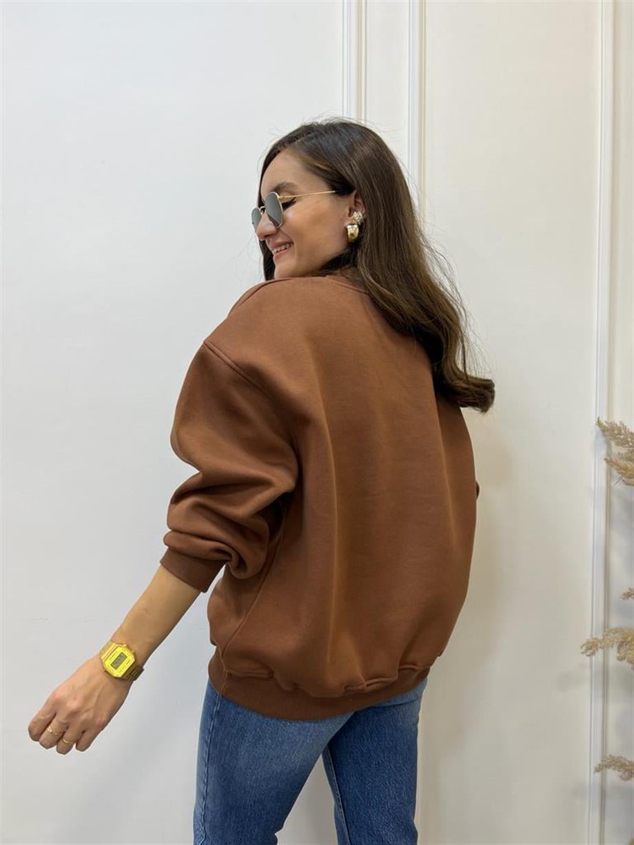 Kahverengi Kaplan Baskılı Bisiklet Yaka Sweatshirt 5110