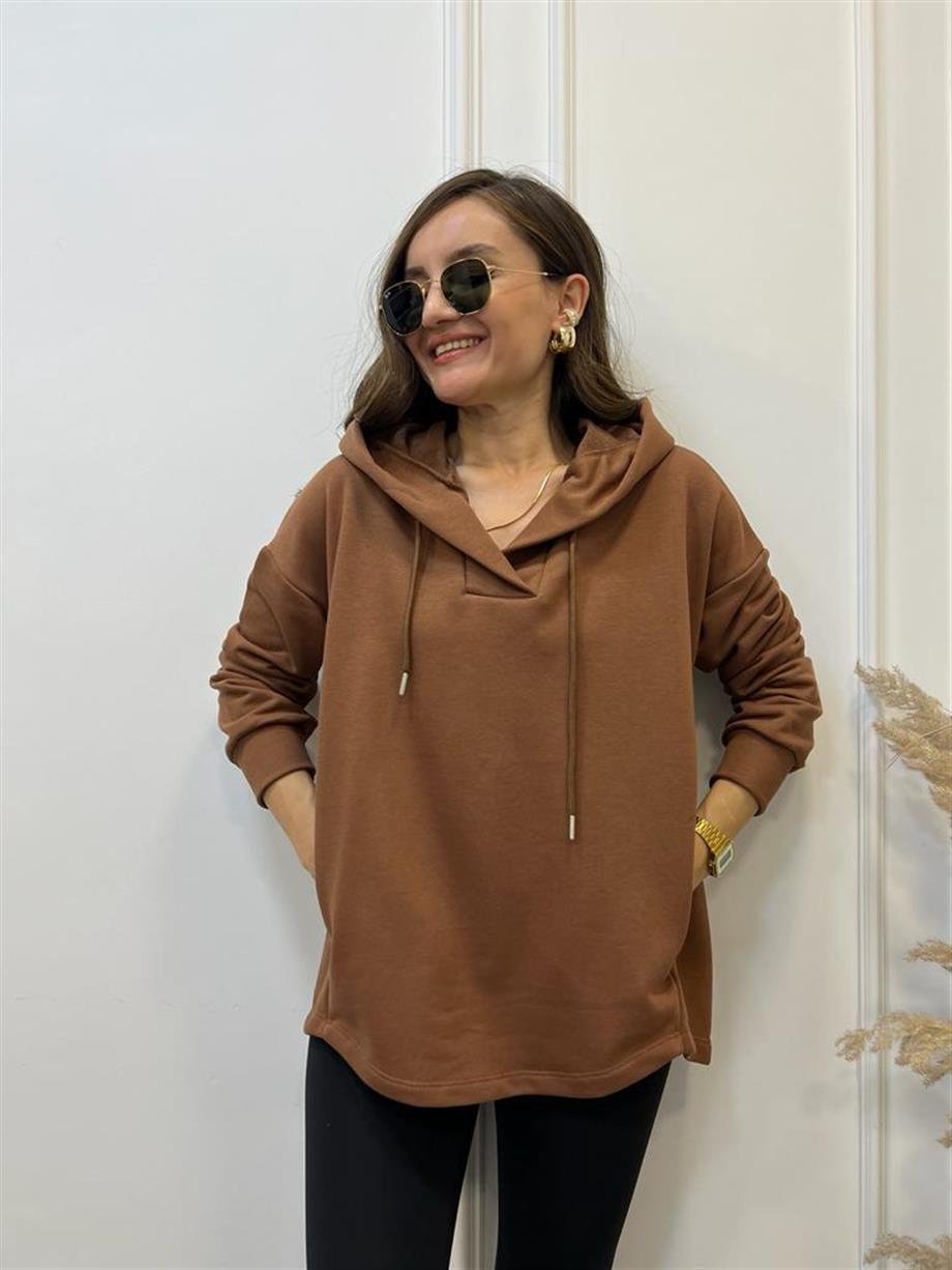 Kahverengi V Yaka Kapüşonlu Sweatshirt 5054