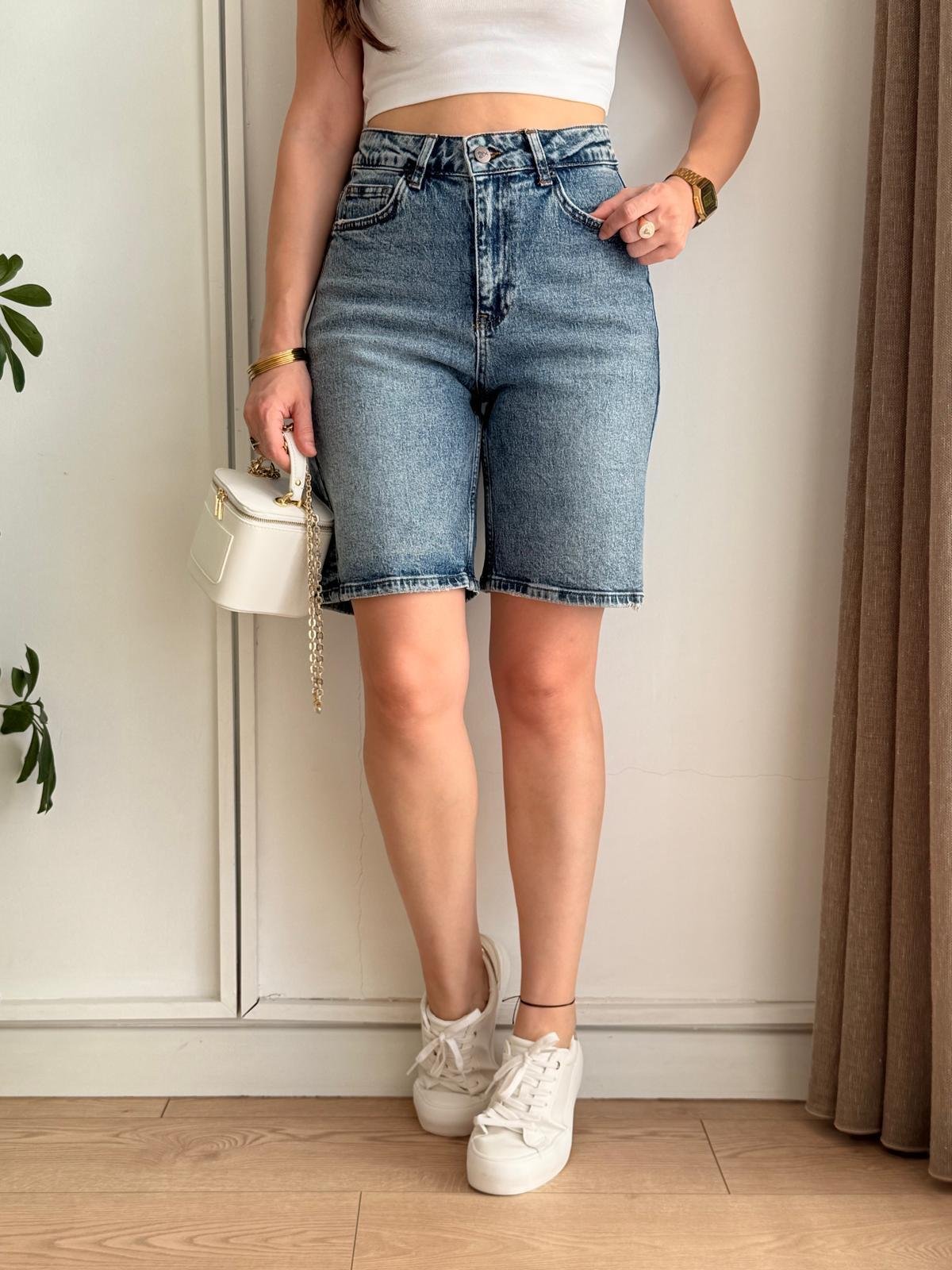 Karlama mavi Cepli Denim Şort 2029