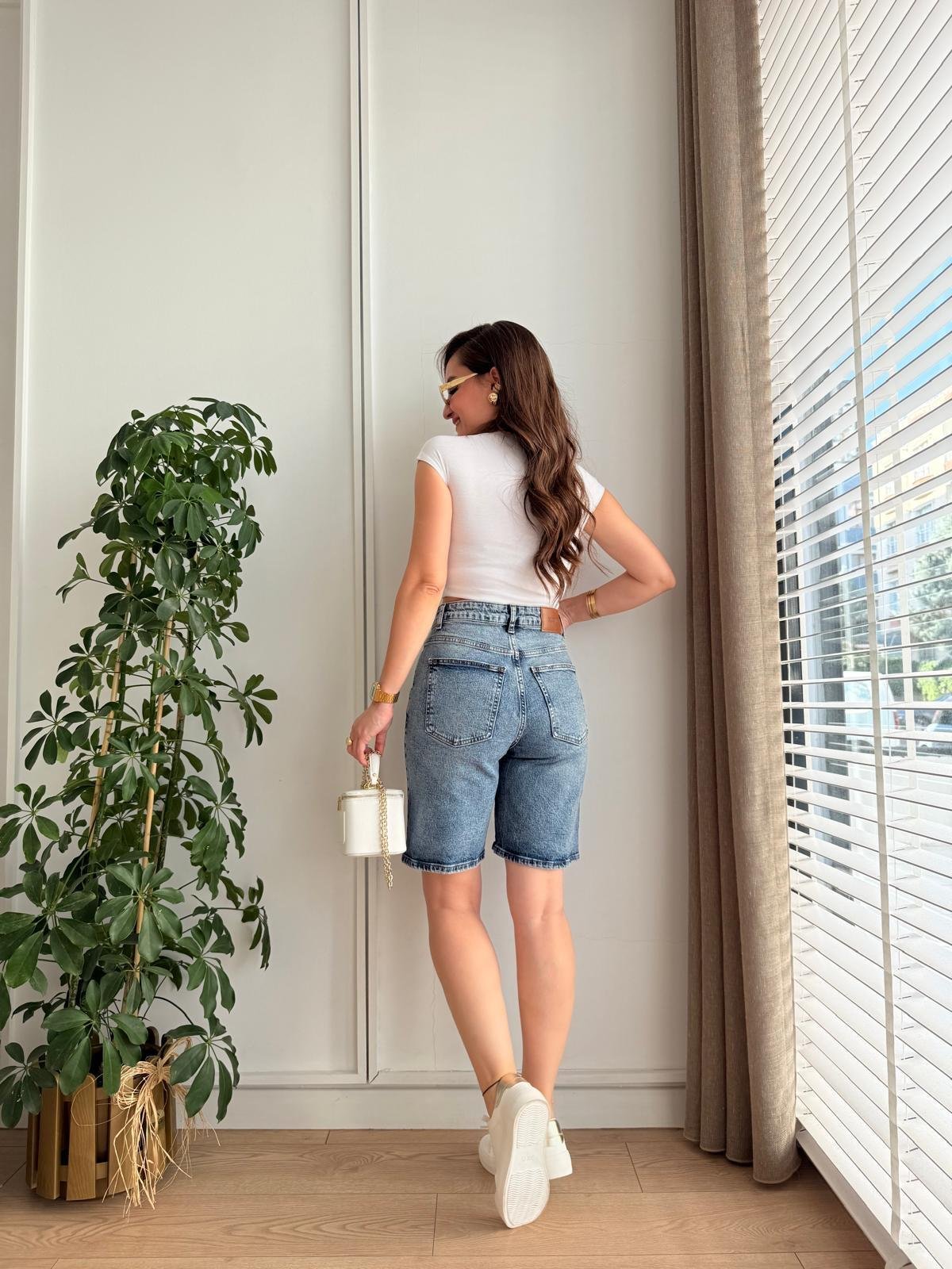 Karlama mavi Cepli Denim Şort 2029