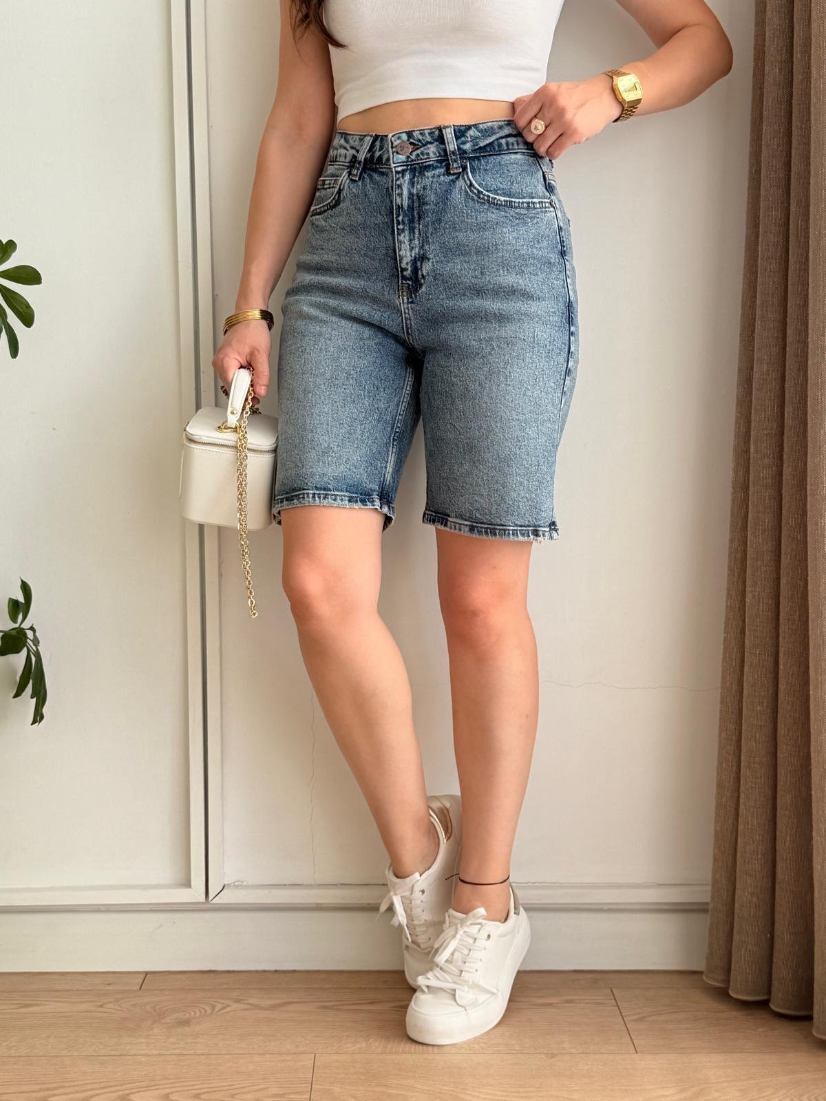 Karlama mavi Cepli Denim Şort 2029