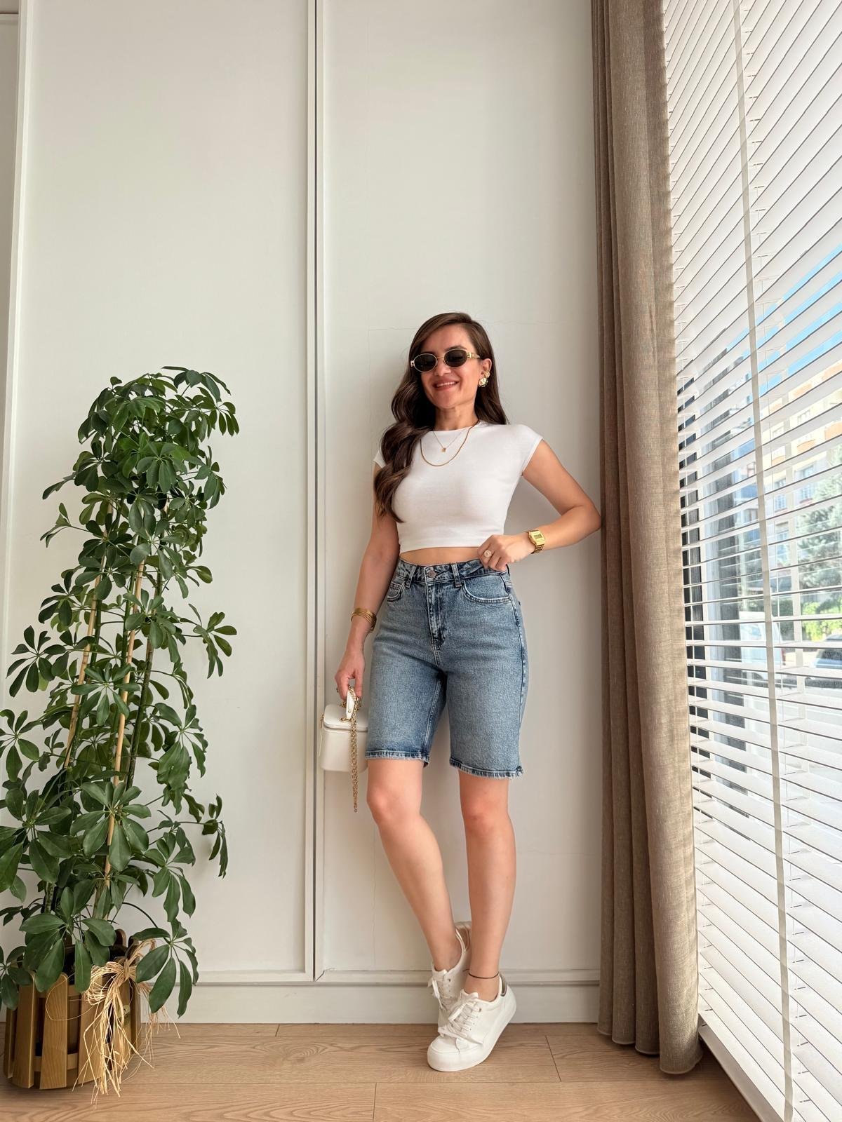 Karlama mavi Cepli Denim Şort 2029