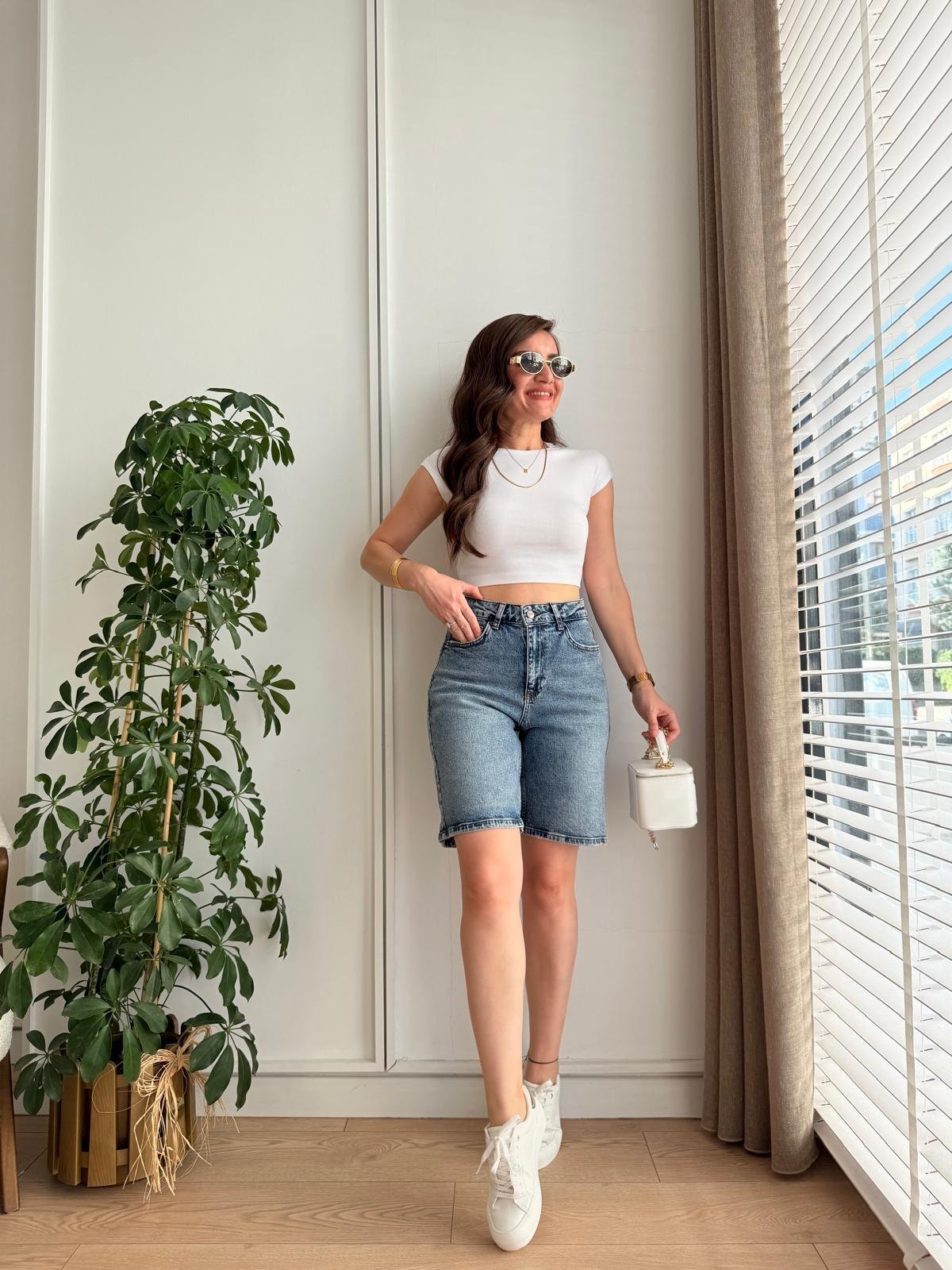 Karlama mavi Cepli Denim Şort 2029