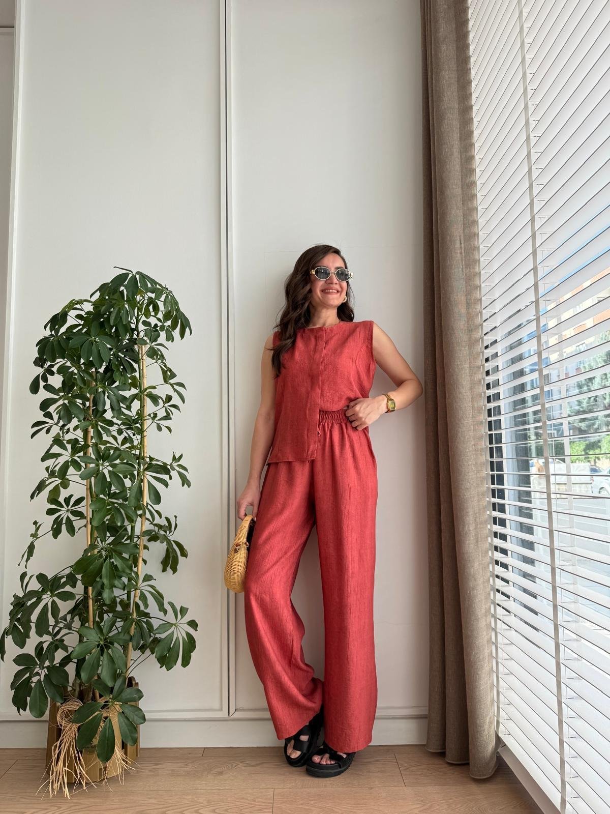 Kiremit Bambu Kumaş Düğmeli Bluz Pantolon Takım 505