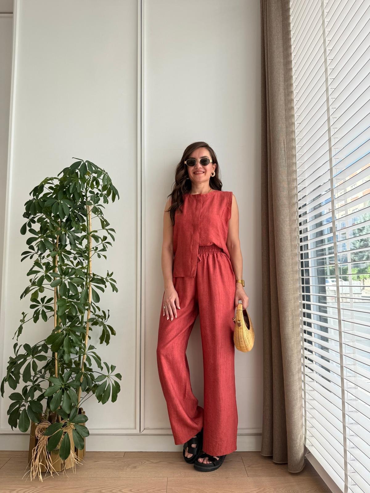 Kiremit Bambu Kumaş Düğmeli Bluz Pantolon Takım 505