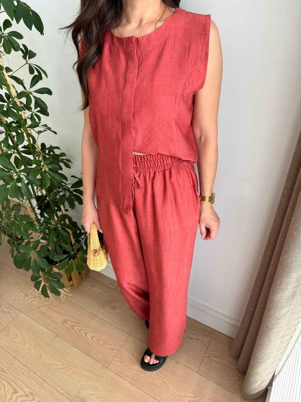 Kiremit Bambu Kumaş Düğmeli Bluz Pantolon Takım 505
