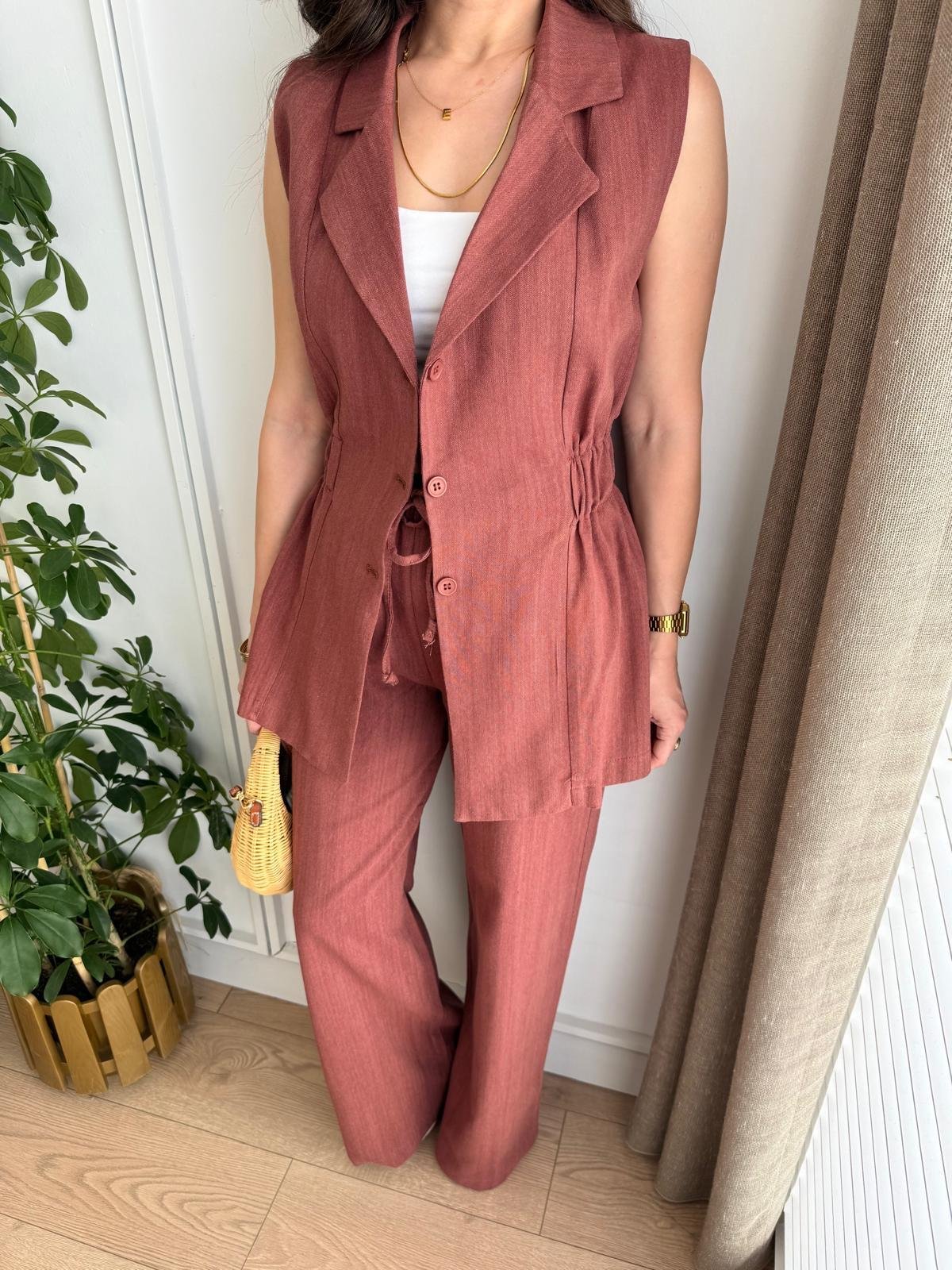 Kiremit Bel Lastikli Keten Yelek Pantolon Takım 8704