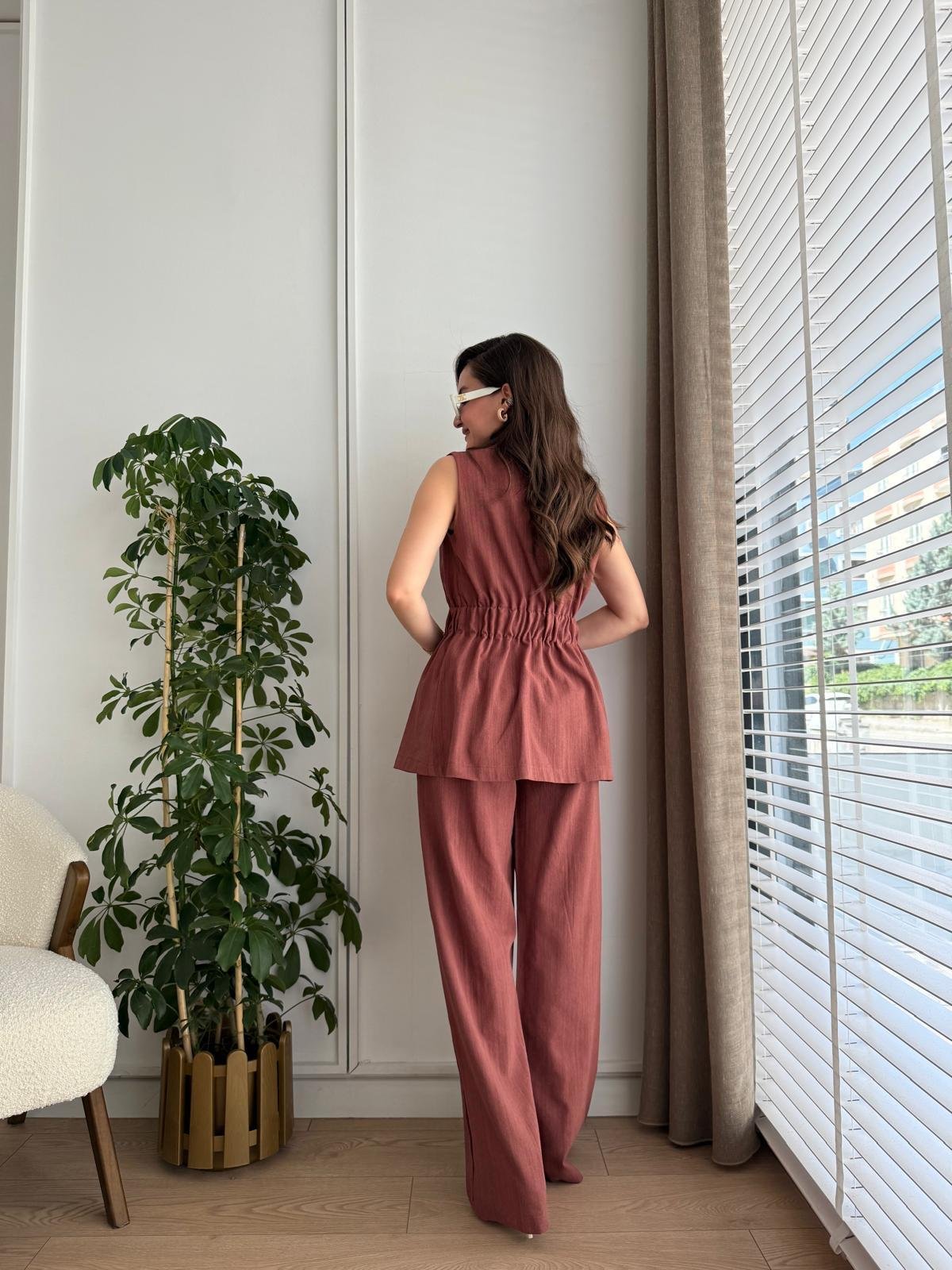 Kiremit Bel Lastikli Keten Yelek Pantolon Takım 8704