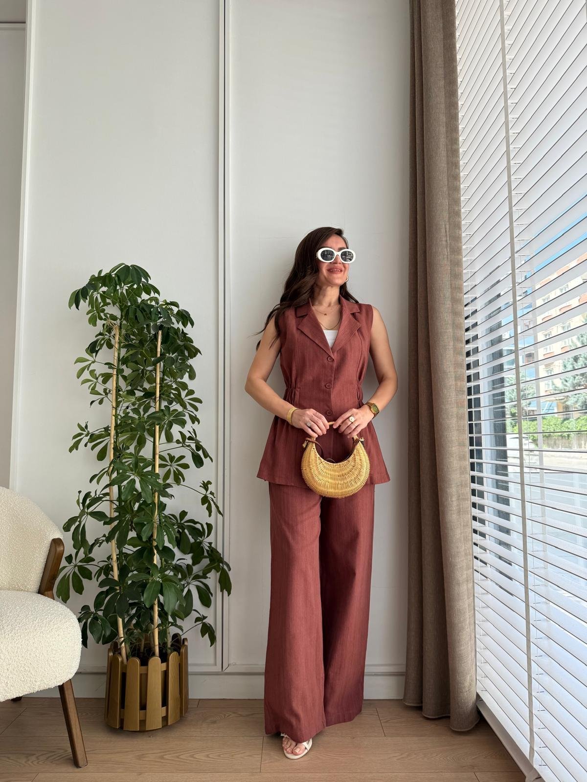 Kiremit Bel Lastikli Keten Yelek Pantolon Takım 8704