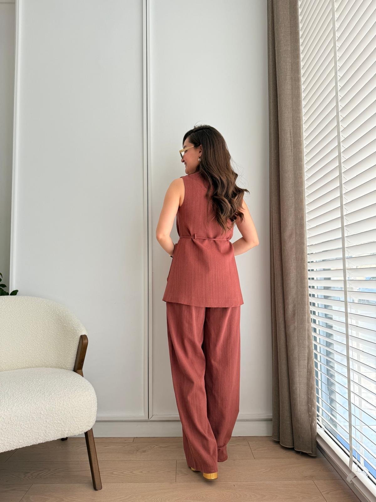 Kiremit Çift Cepli Bağlamalı Yelek Pantolon Takım 8602
