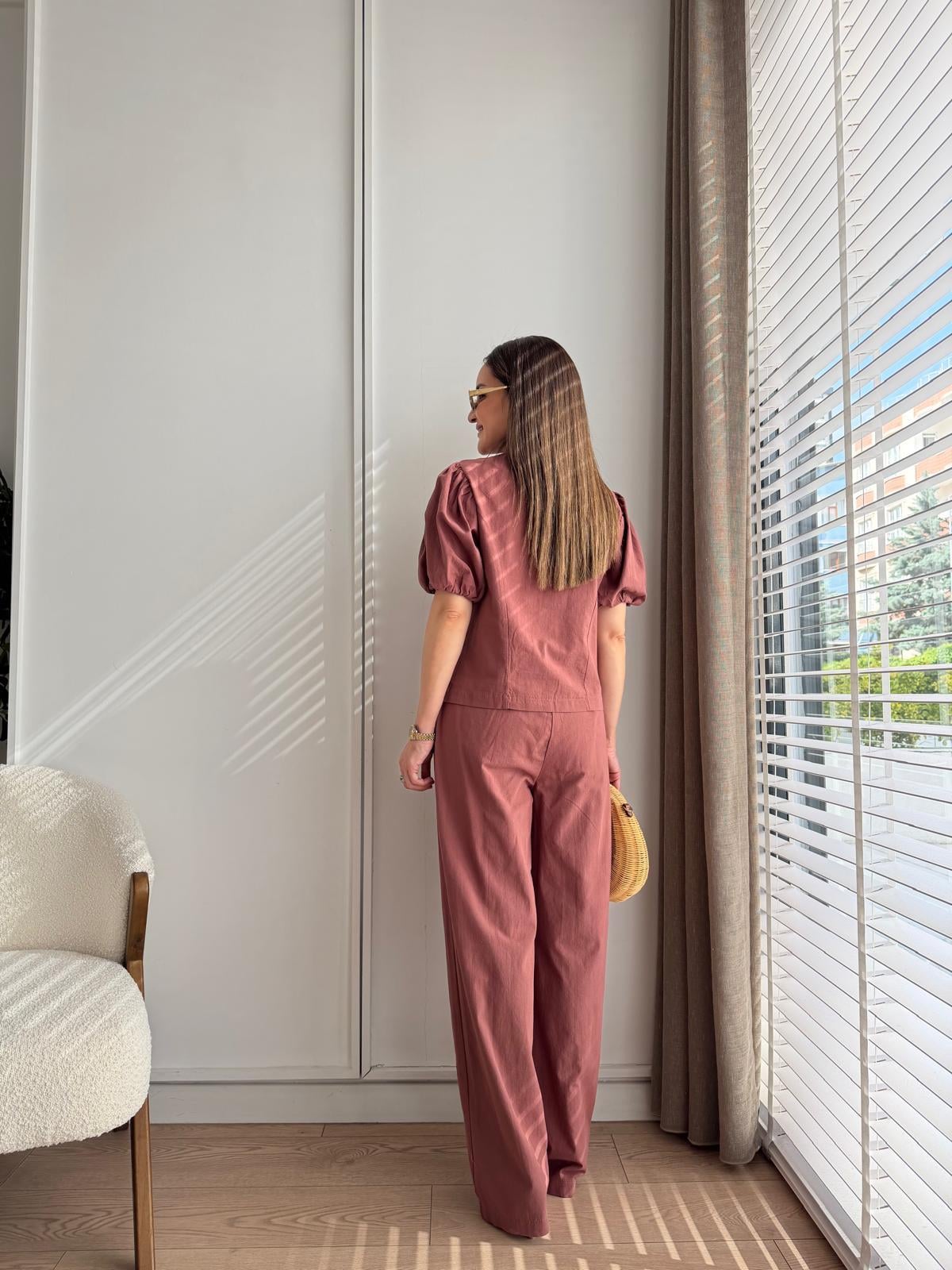 Kiremit Düğme Detaylı Kısa Kol Keten Takım 9149