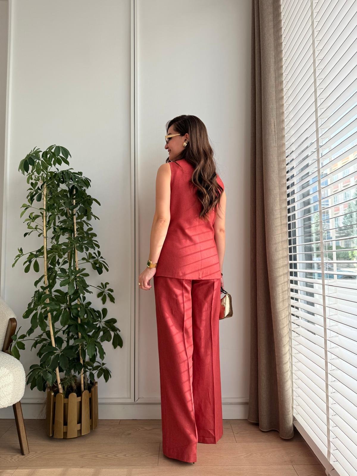 Kiremit Gold Düğme Detaylı Yelek Pantolon Takım 9202