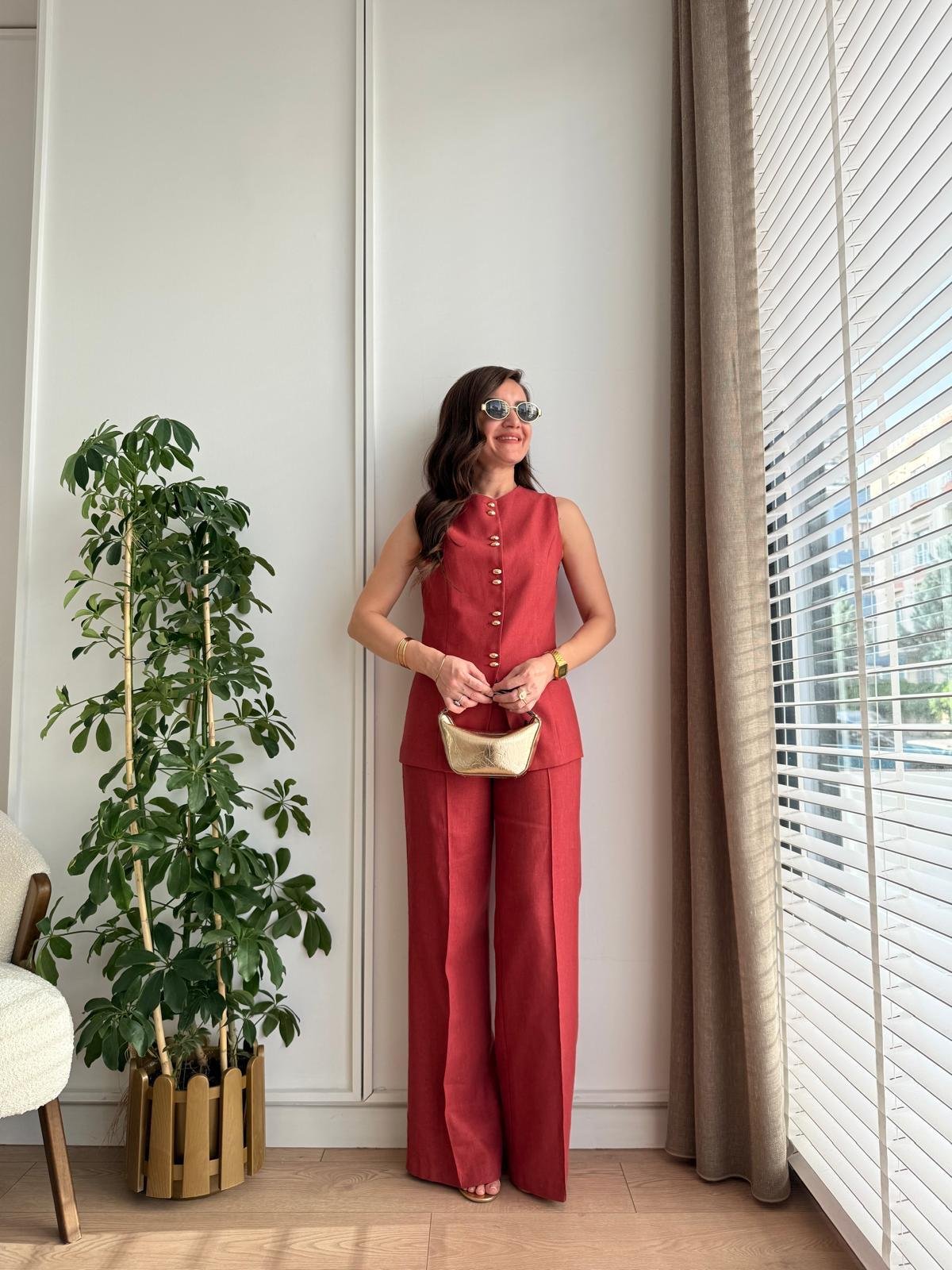 Kiremit Gold Düğme Detaylı Yelek Pantolon Takım 9202
