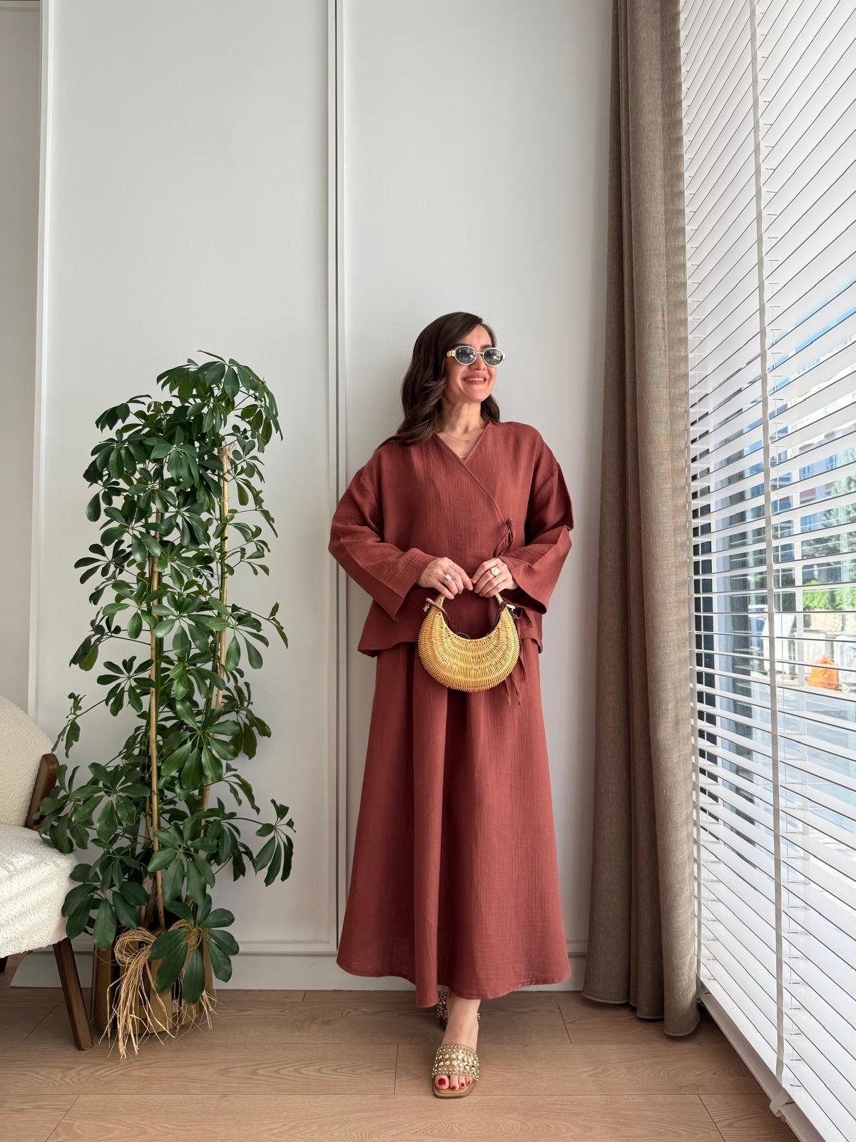 Kiremit Keten Kimono Etek Takım 8717