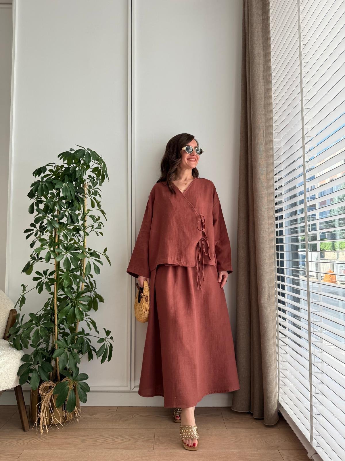 Kiremit Keten Kimono Etek Takım 8717