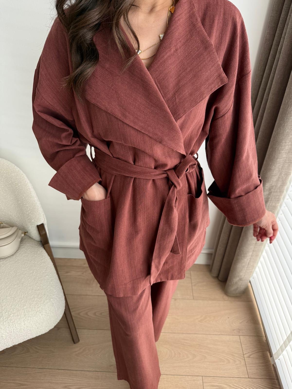 Kiremit Kuşaklı Cepli Kimono Takım 8447