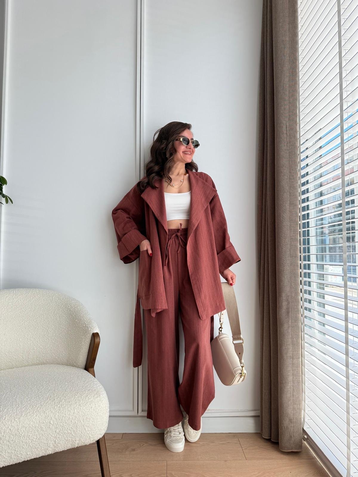 Kiremit Kuşaklı Cepli Kimono Takım 8447