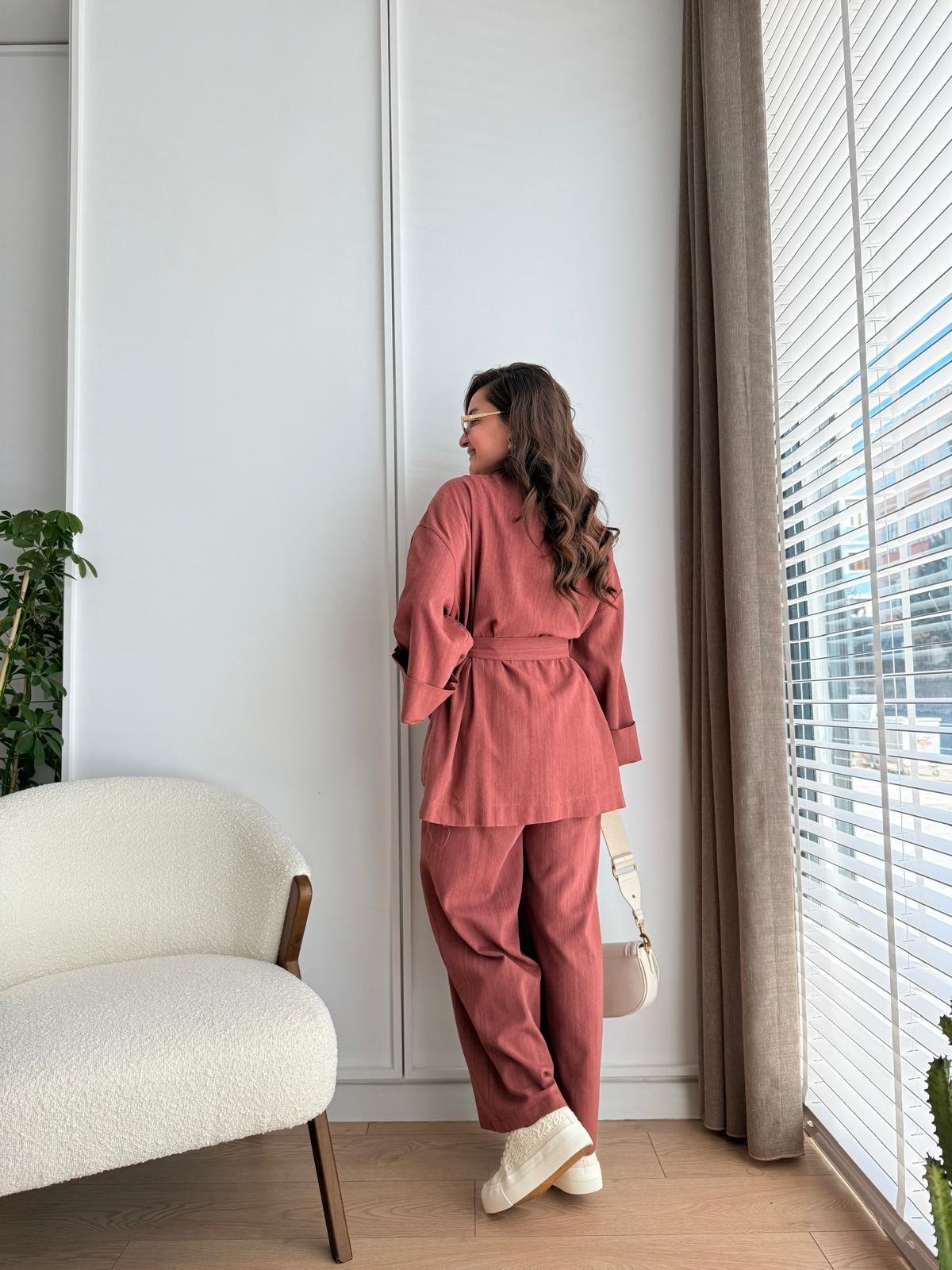 Kiremit Kuşaklı Cepli Kimono Takım 8447