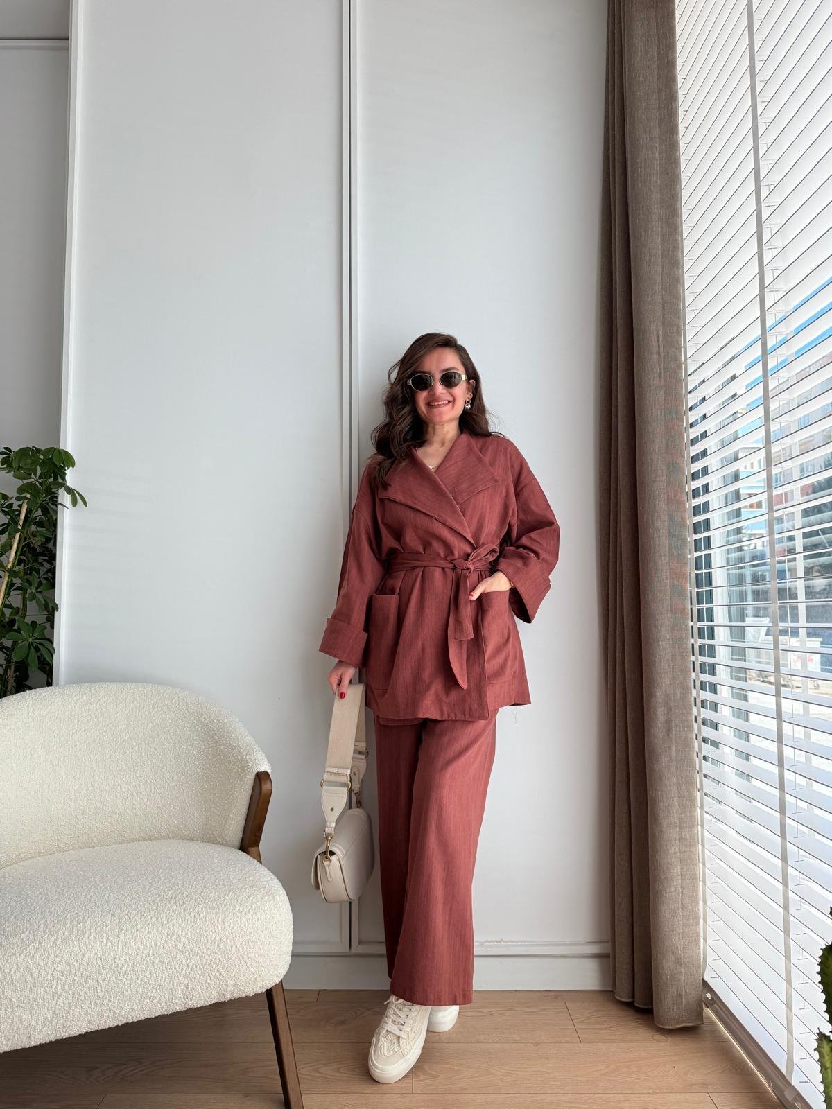 Kiremit Kuşaklı Cepli Kimono Takım 8447