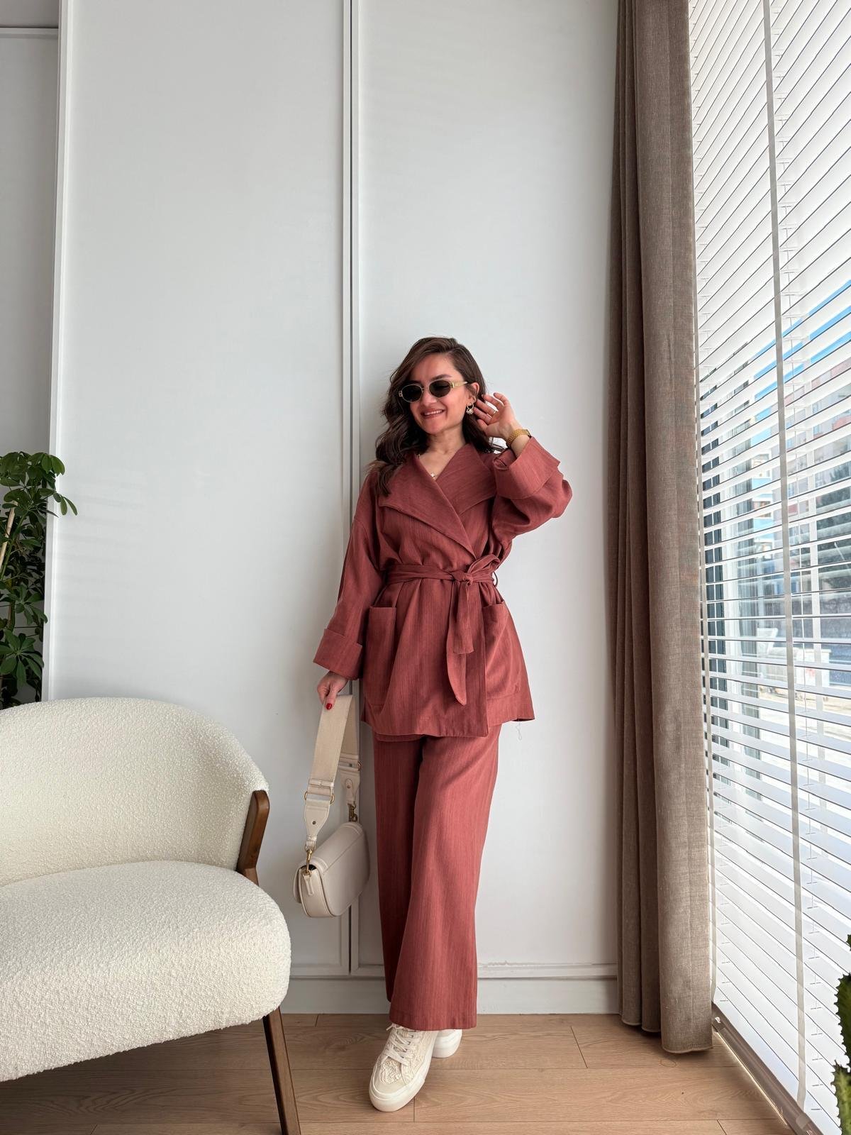 Kiremit Kuşaklı Cepli Kimono Takım 8447