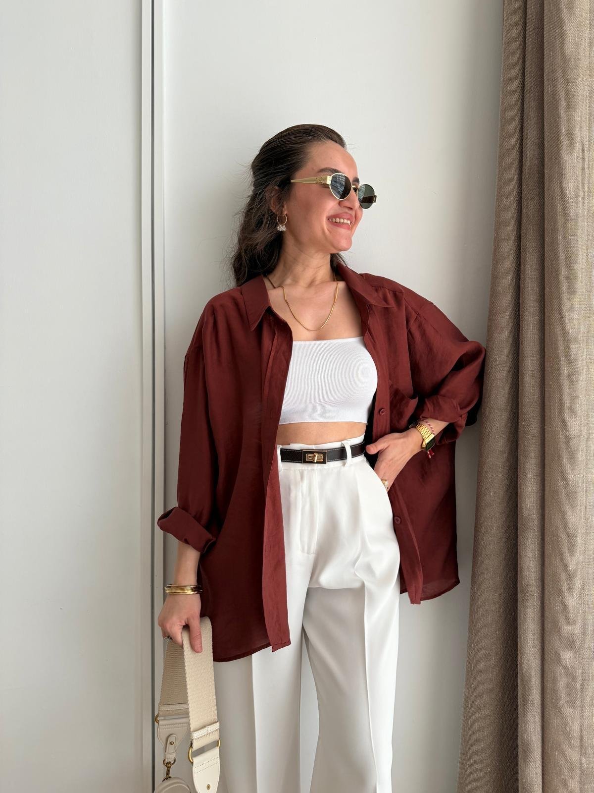 Kiremit Lüx Kalite Oversize Gömlek 4612